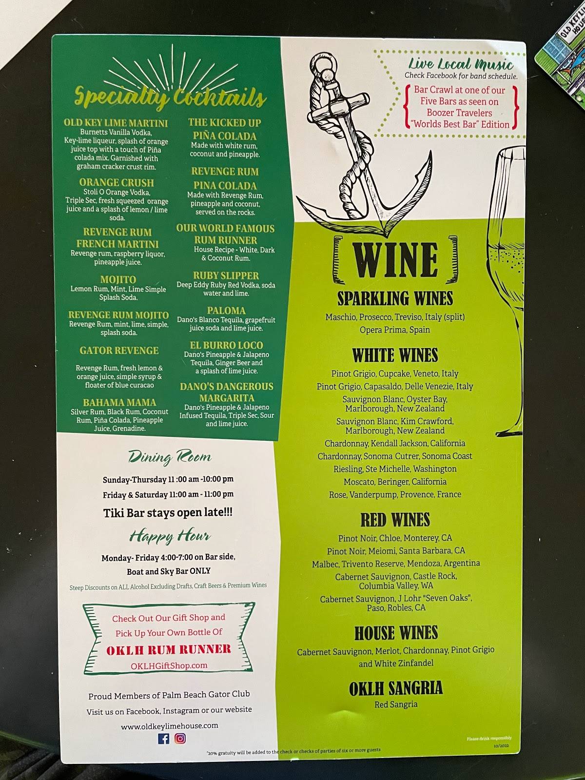 Menu at Old Key Lime House pub & bar, Lantana, 300 E Ocean Ave