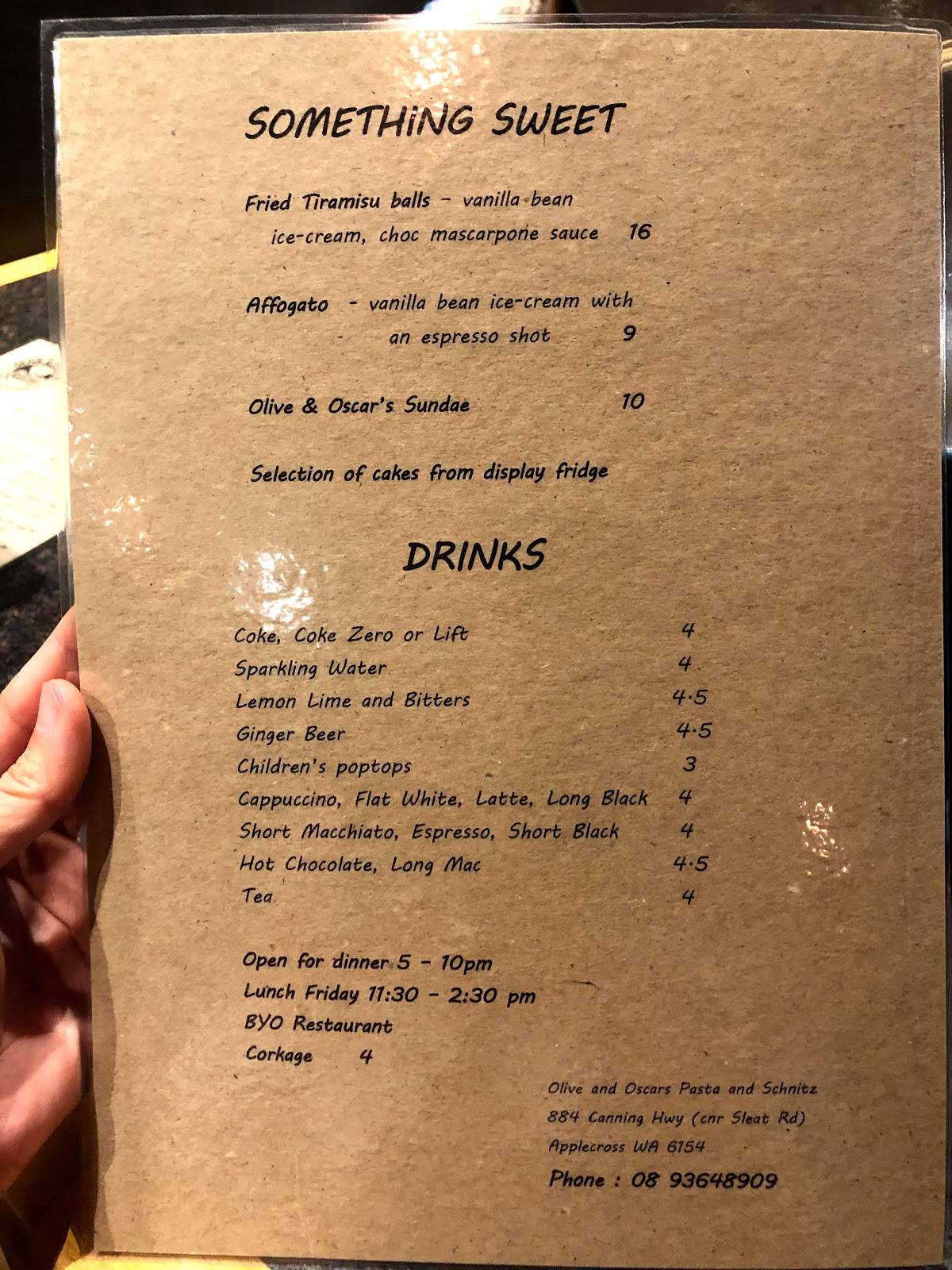Menu at Olive And Oscars restaurant, Applecross