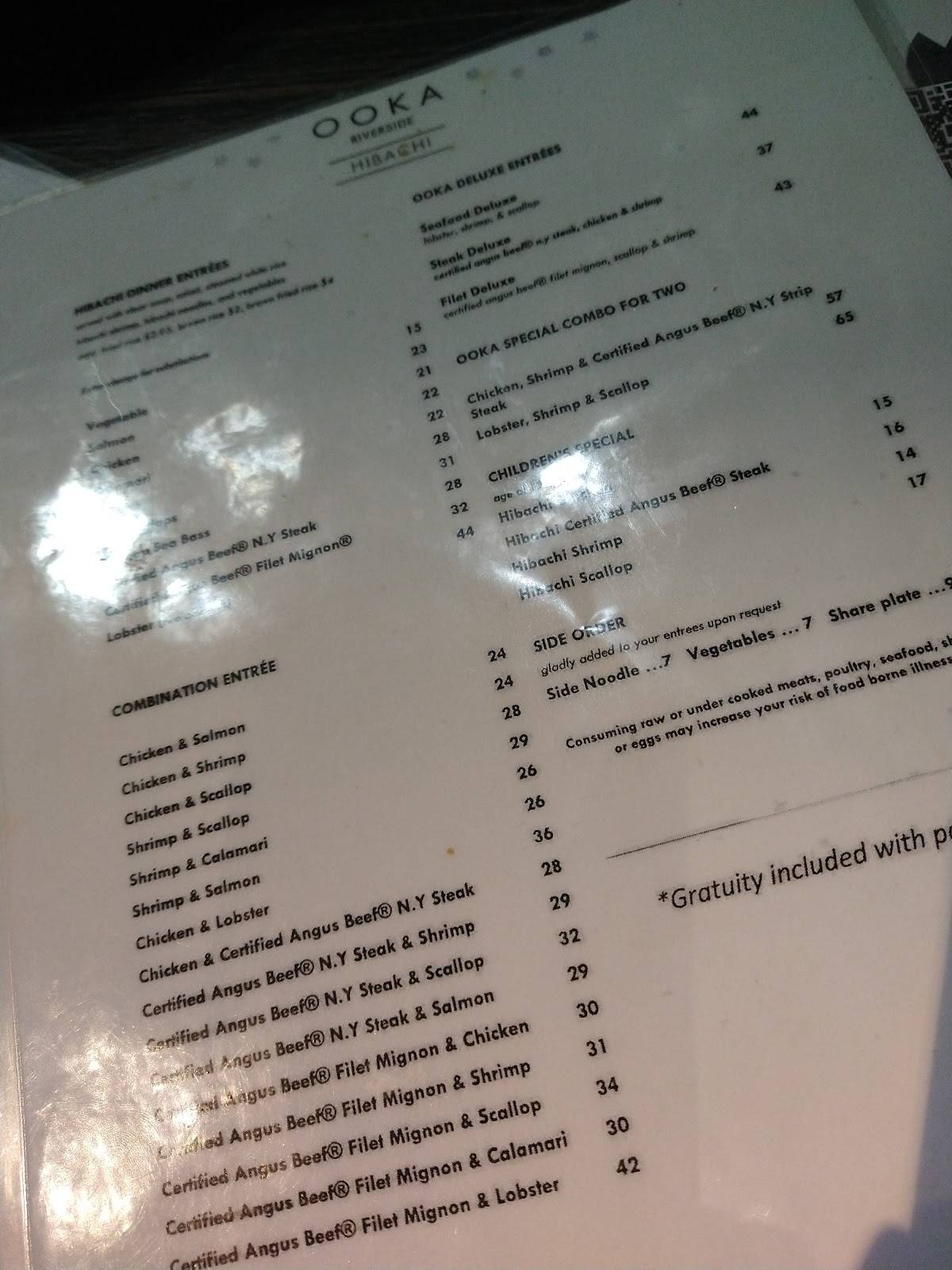 Menu at Ooka Sushi & hibachi steak House restaurant, Riverside