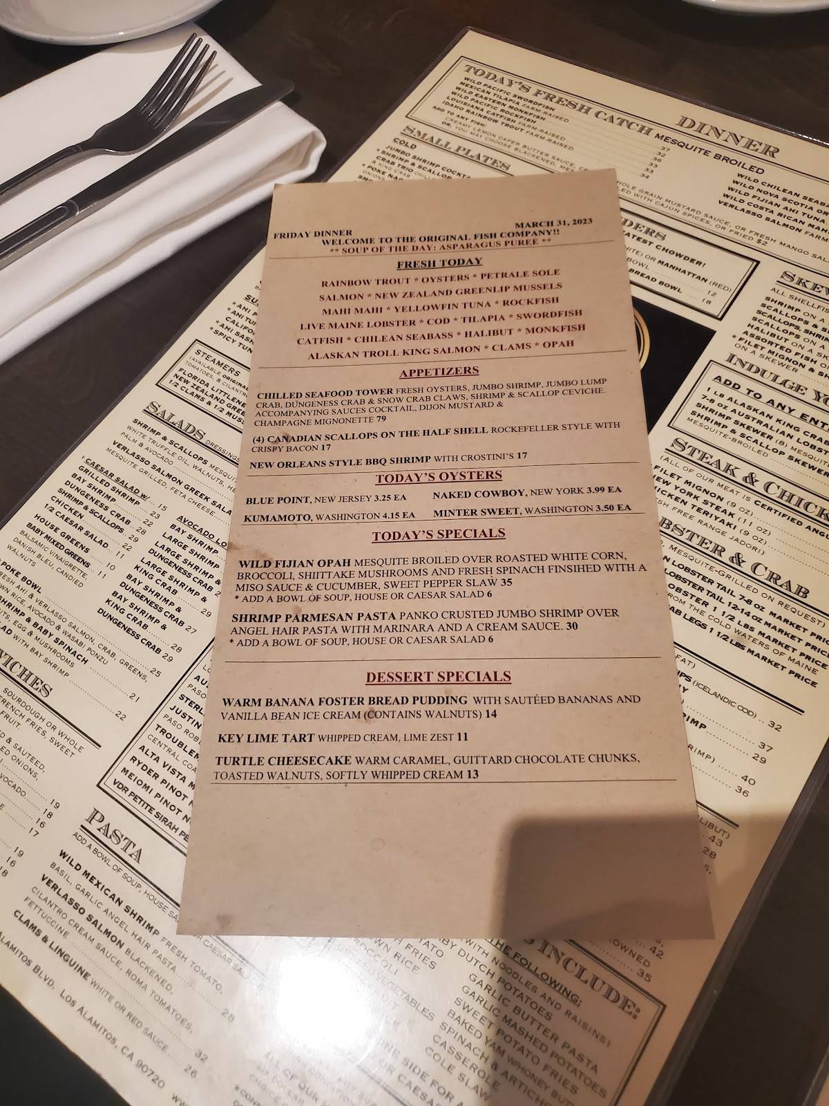 Menu at Original Fish Co. restaurant, Los Alamitos