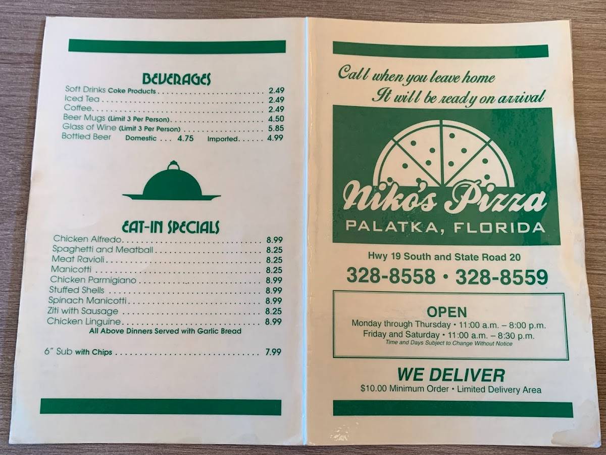 Menu at Niko's Pizza pizzeria, Palatka, 804 FL19