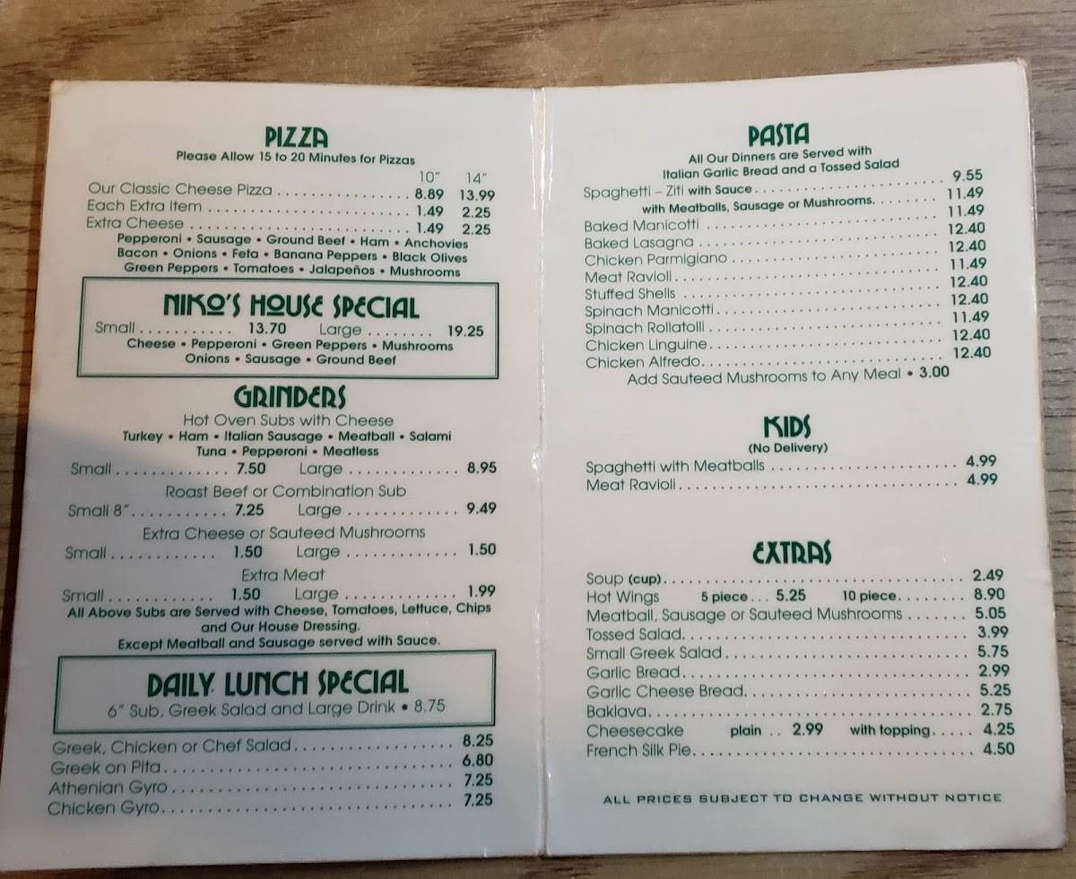 Menu at Niko's Pizza pizzeria, Palatka, 804 FL19