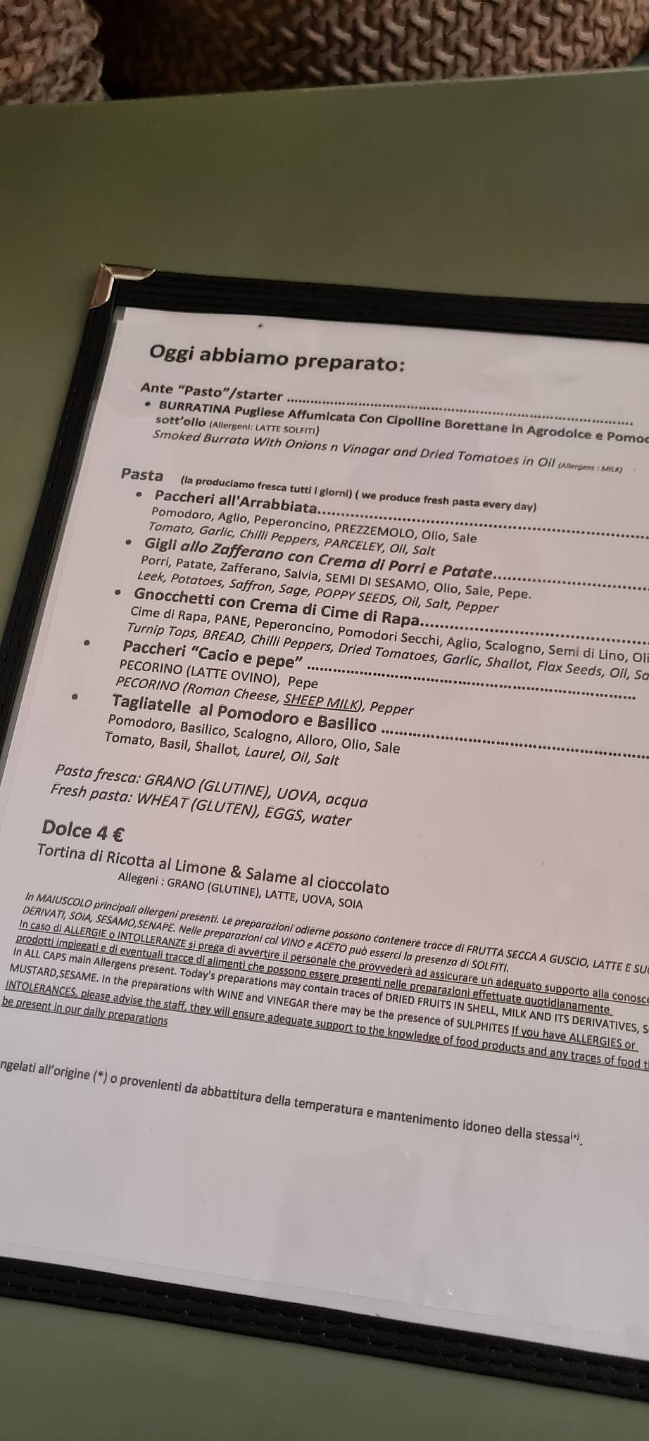 Menu da Pasto Laboratorio di pasta con cucina ristorante, Milano