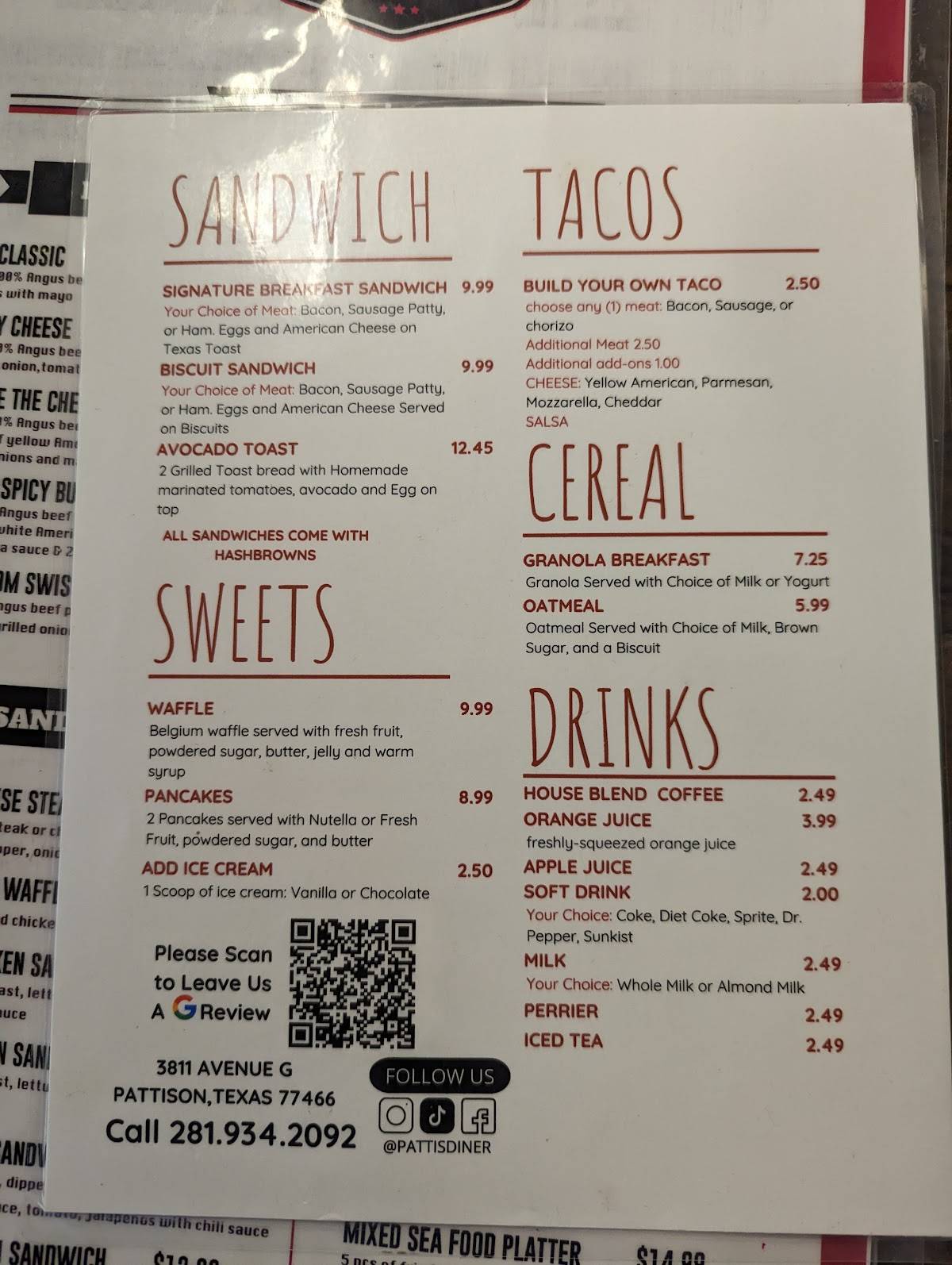 Menu at Patti’s diner restaurant, Pattison