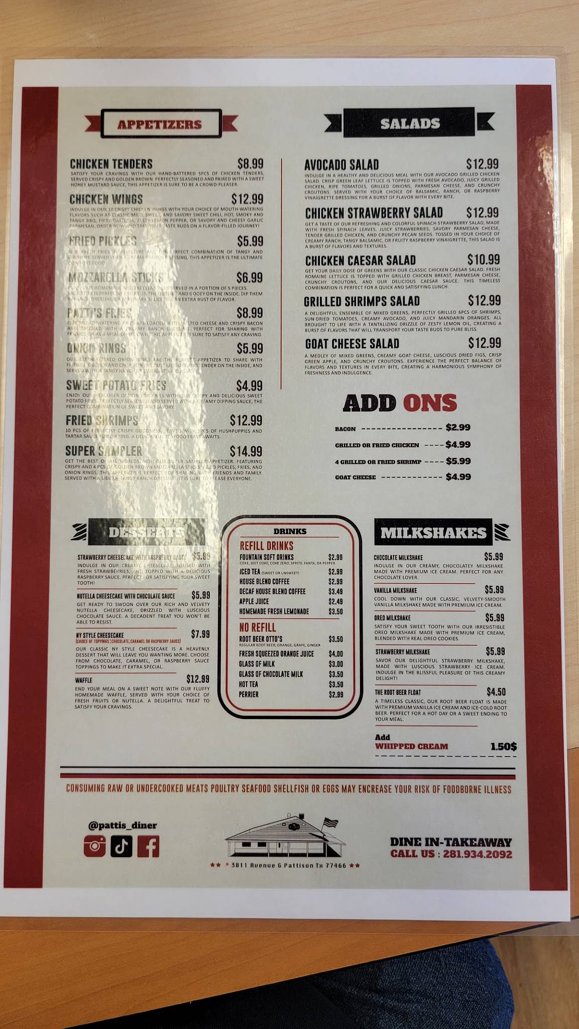 Menu at Patti’s diner restaurant, Pattison
