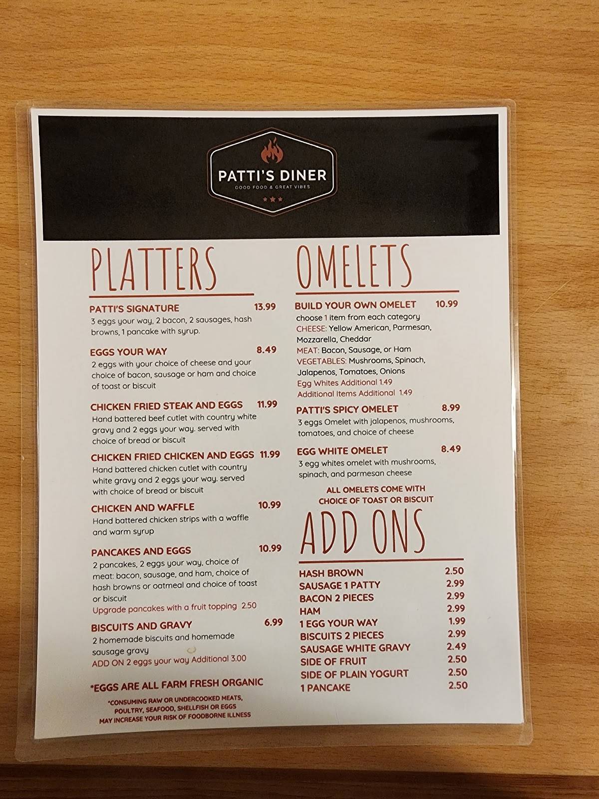 Menu at Patti’s diner restaurant, Pattison