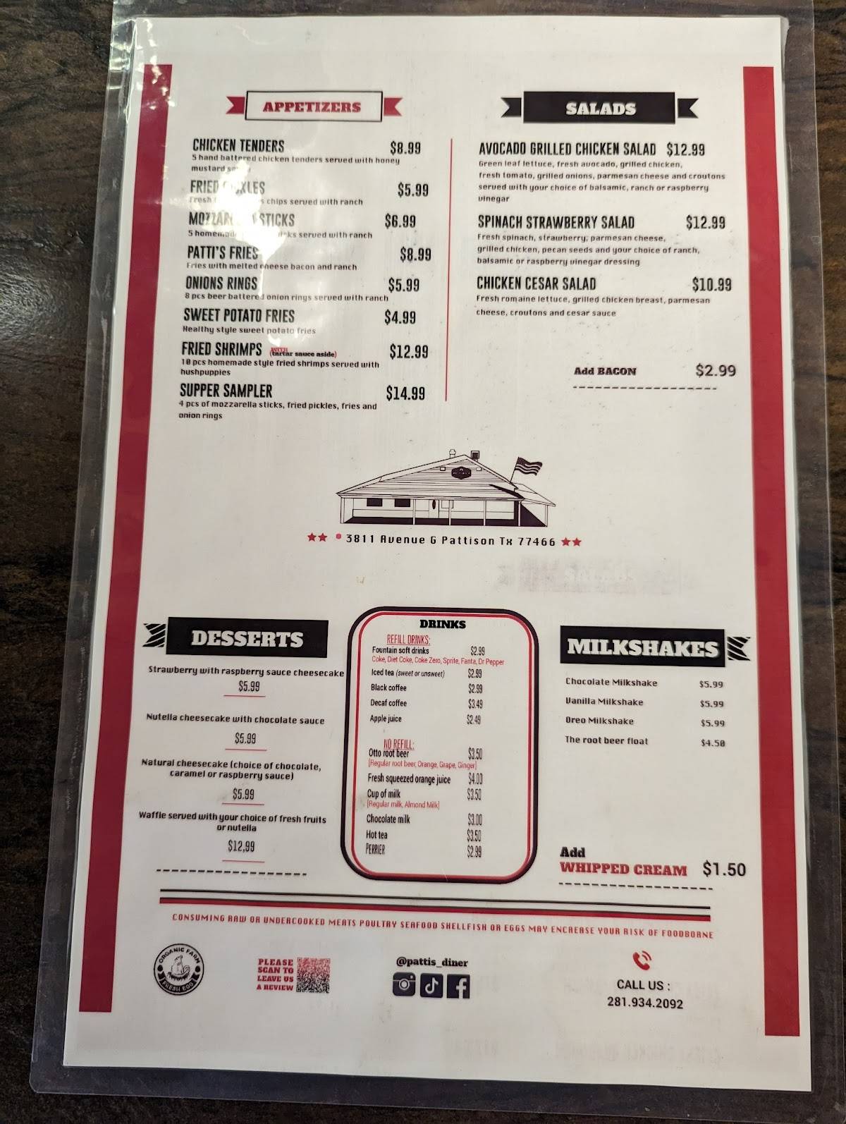Menu at Patti’s diner restaurant, Pattison