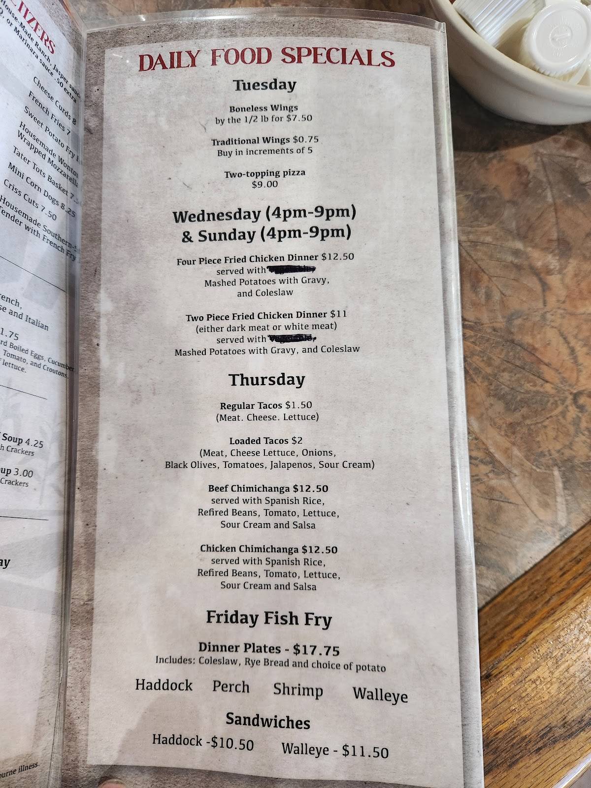 Menu at Jasper's Bar, Pickett