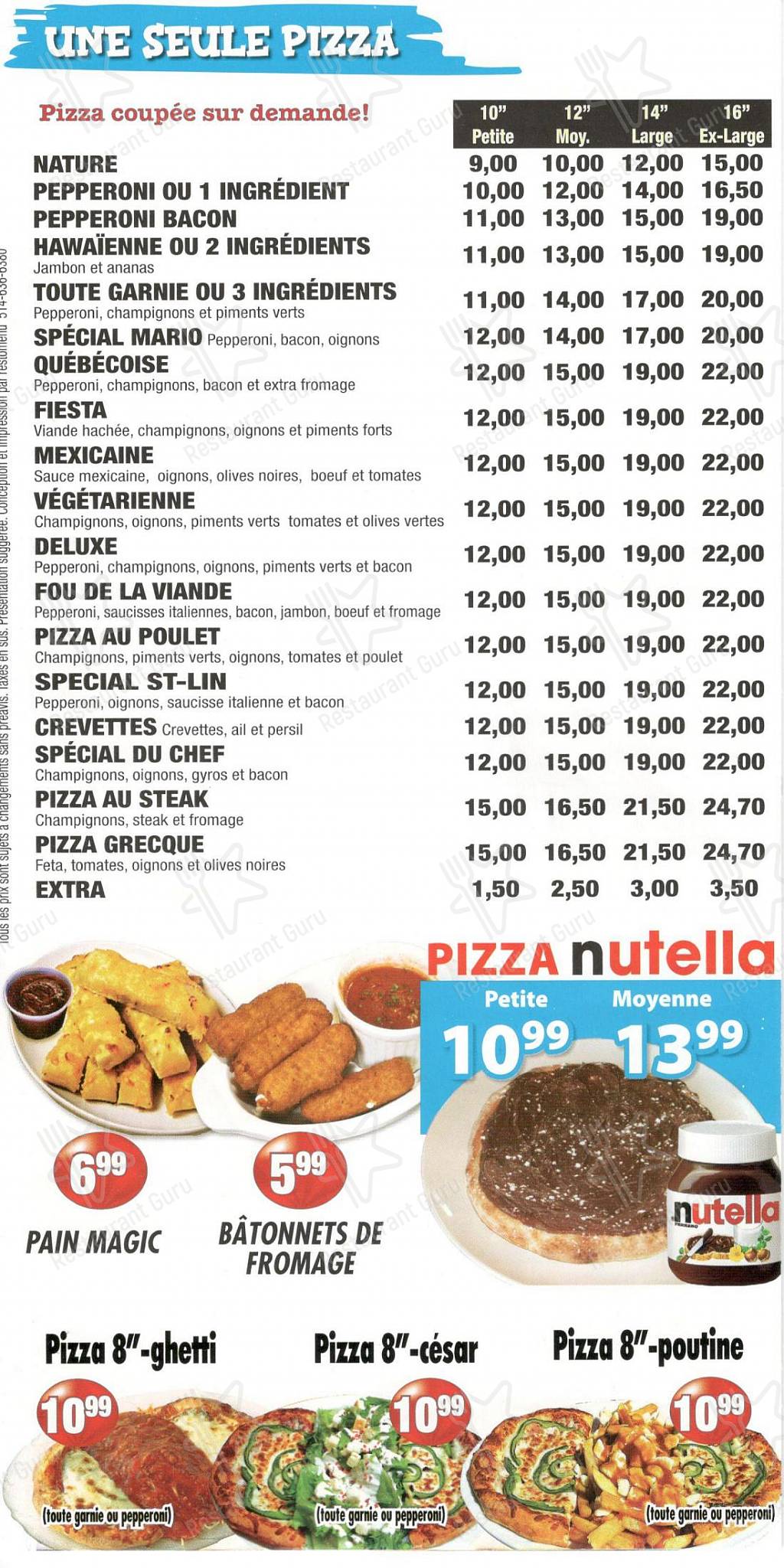 Menu au Pizzeria Mario (SaintLinLaurentides), SaintLin Laurentides