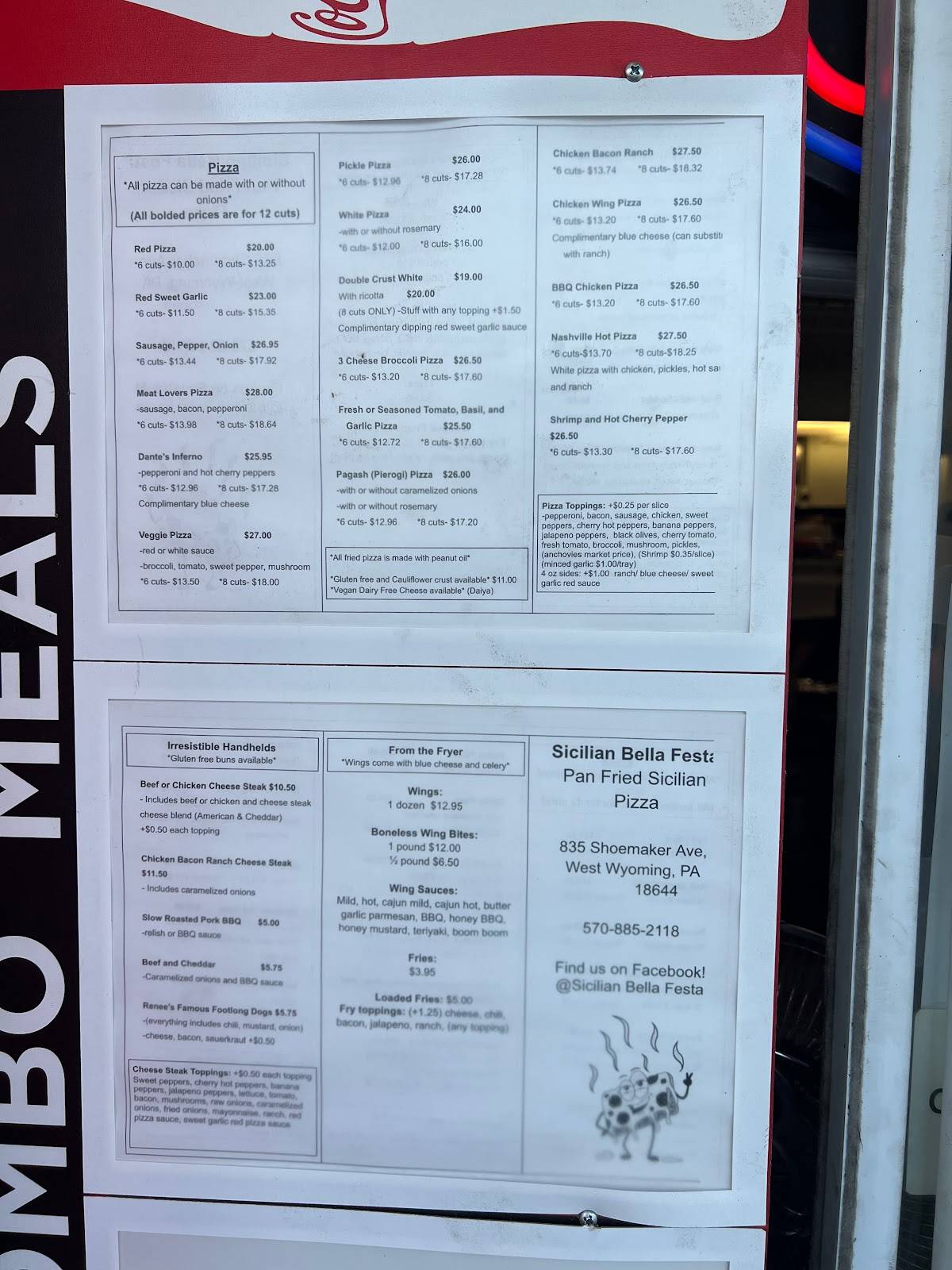 Menu at Sicilian Bella Festa pizzeria, West Wyoming