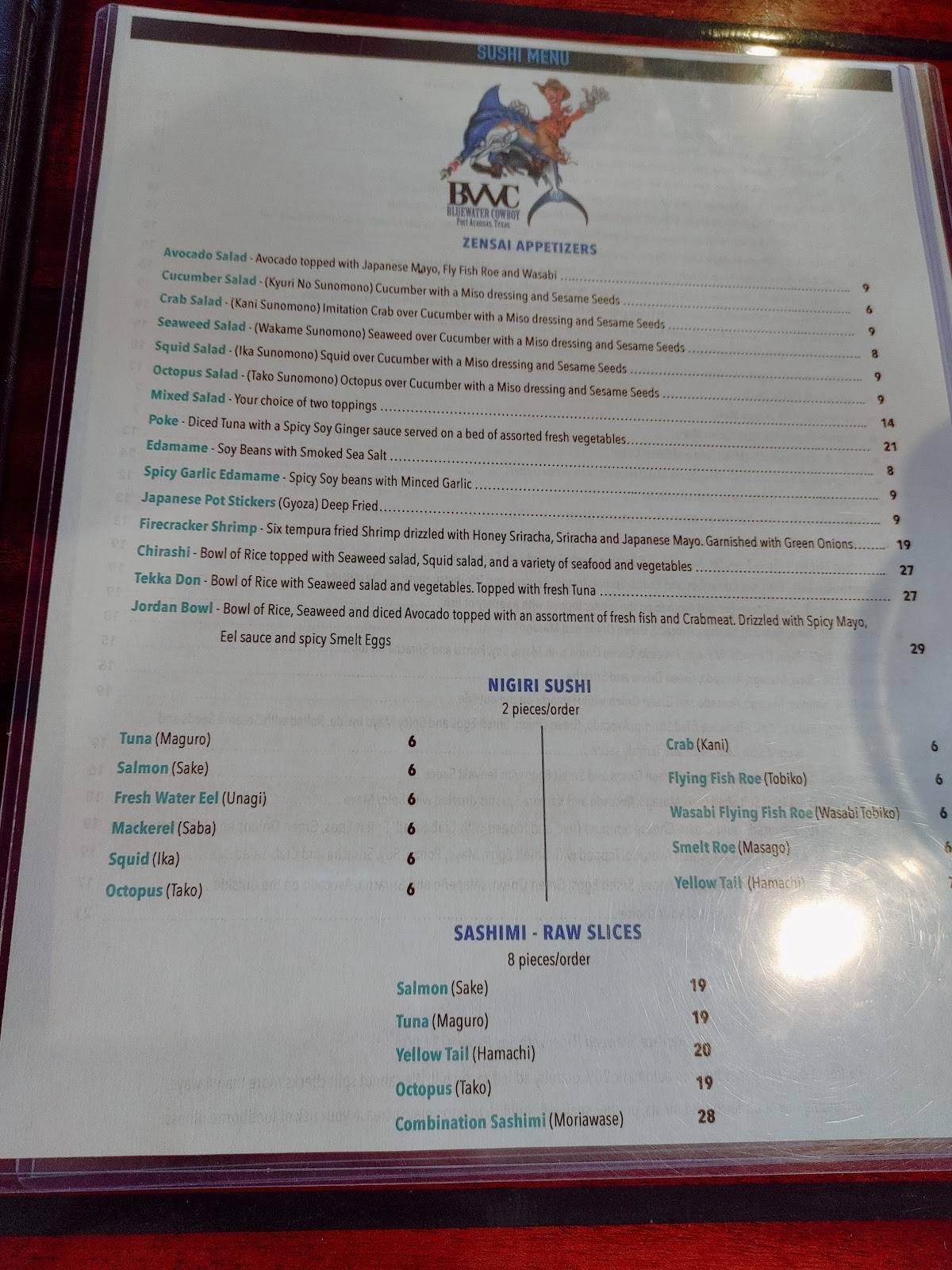Menu at Blue Water Cowboy Saloon & Mercantile pub & bar, Port Aransas