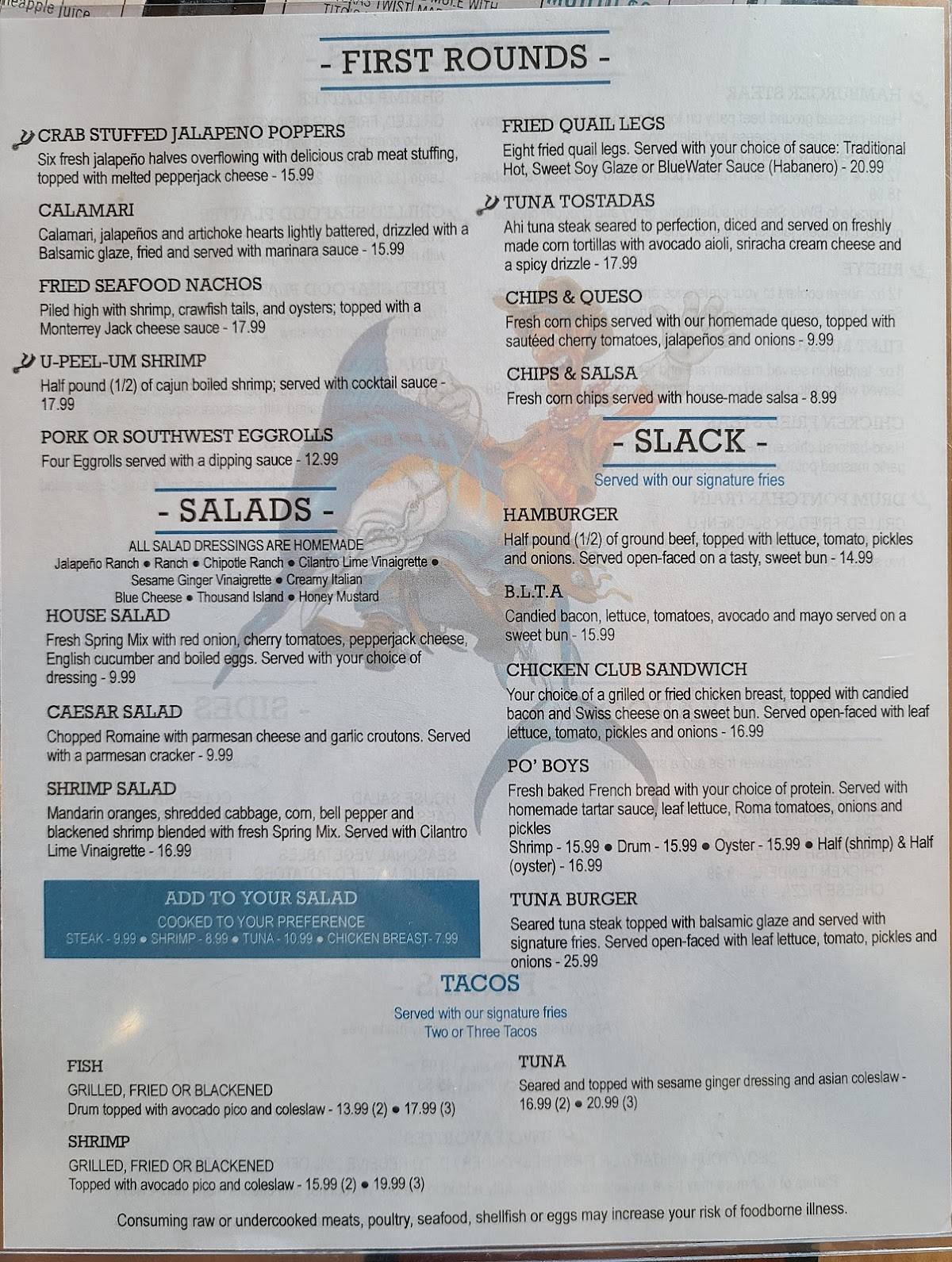 Menu at Blue Water Cowboy Saloon & Mercantile pub & bar, Port Aransas