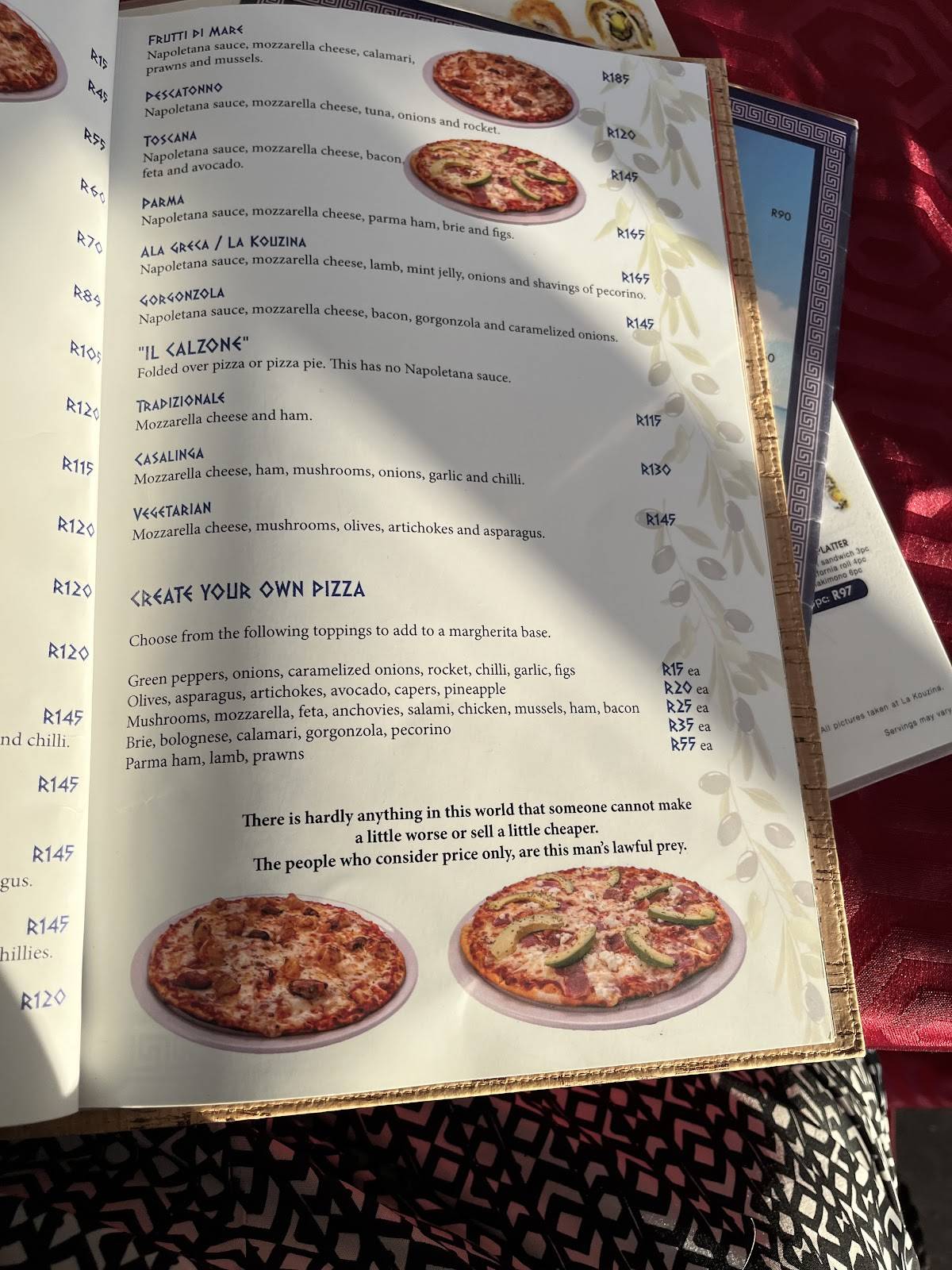 Menu at LA KOUZINA restaurant, Port Elizabeth