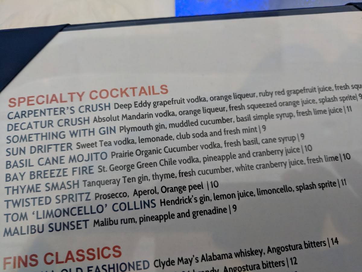 Menu at Fins Bar & Grille, Cape May, 142 Decatur St