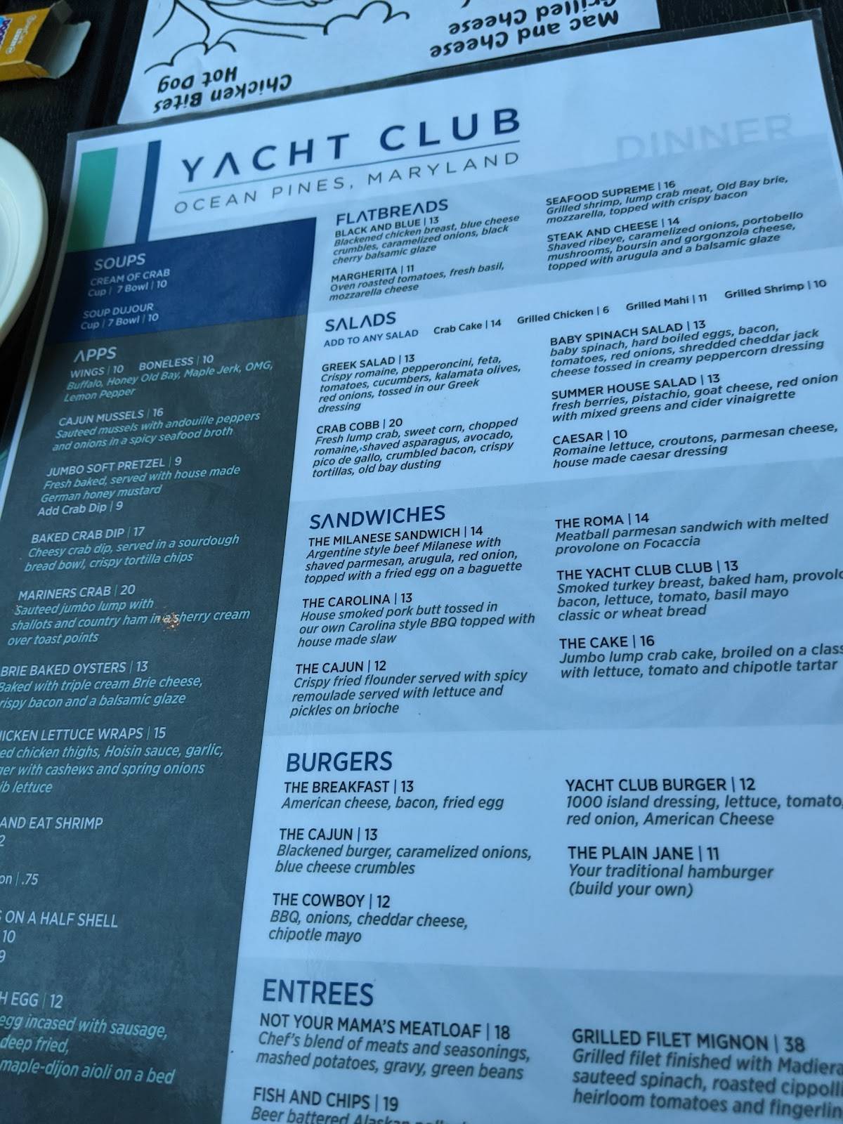 Ocean Pines Yacht Club menu