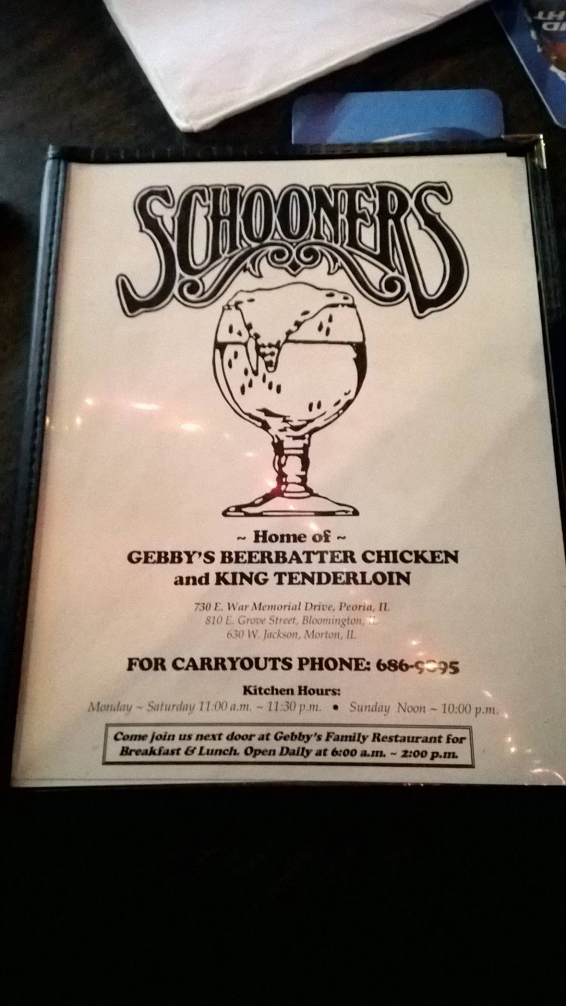 Menu at Schooners pub & bar, Peoria Heights