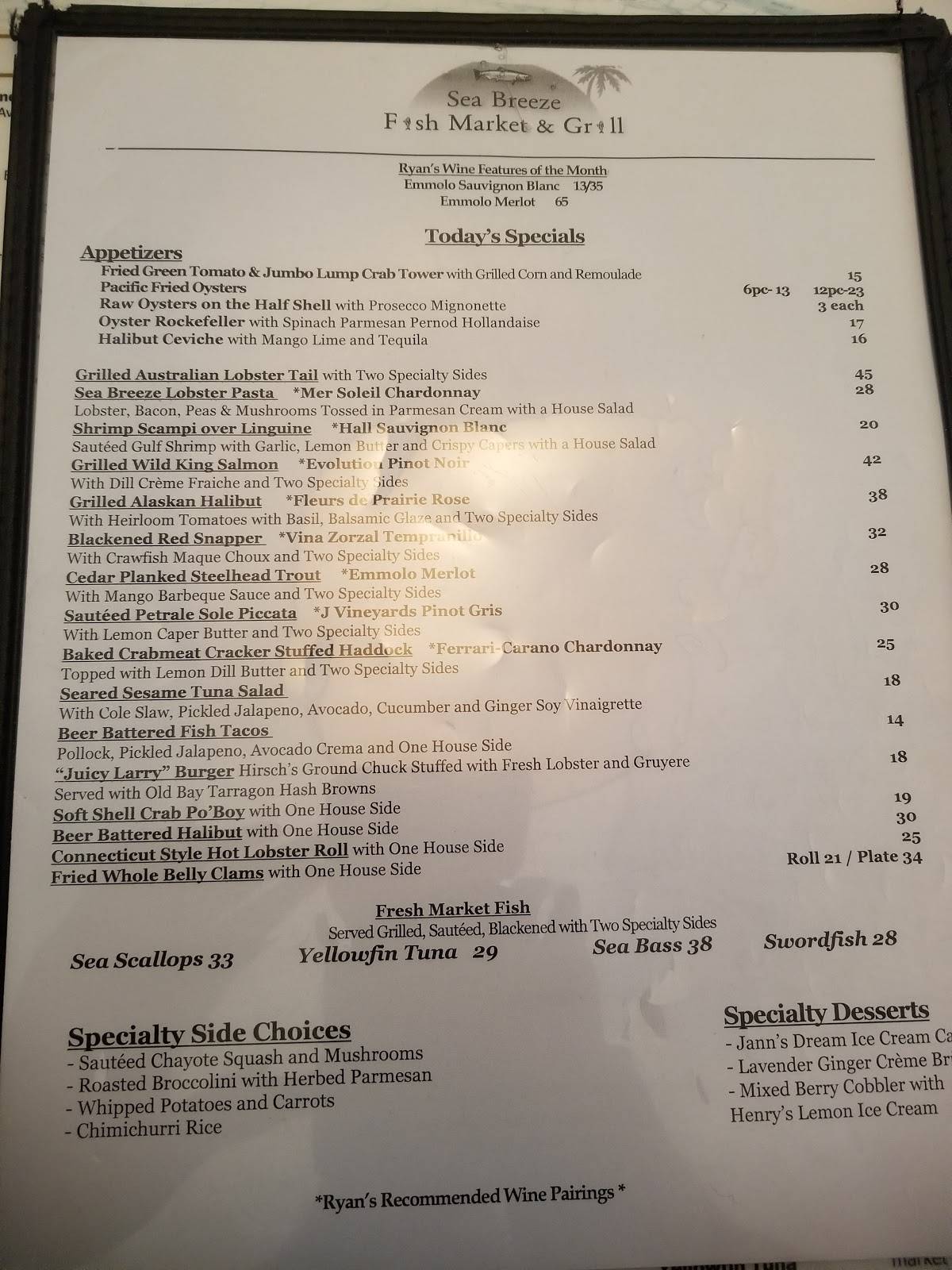 Menu at Sea Breeze Fish Market & Grill pub & bar, Plano