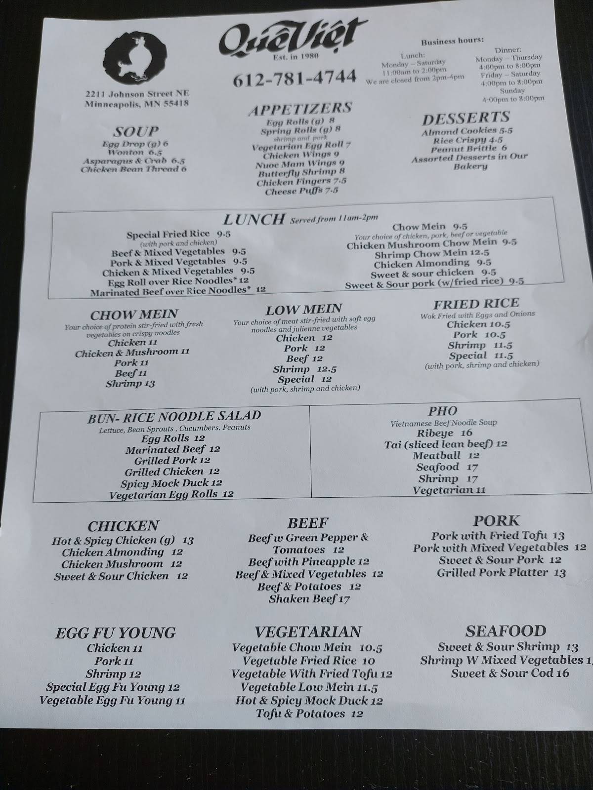 Menu at Que Viet Village House restaurant, Minneapolis