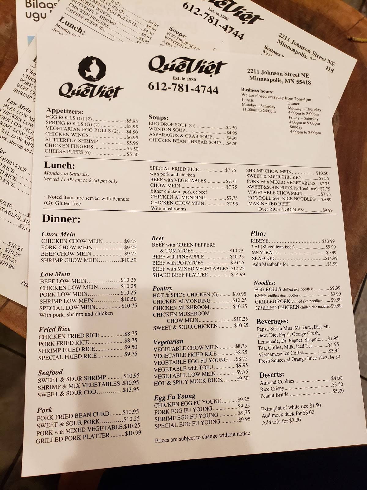 Menu at Que Viet Village House restaurant, Minneapolis