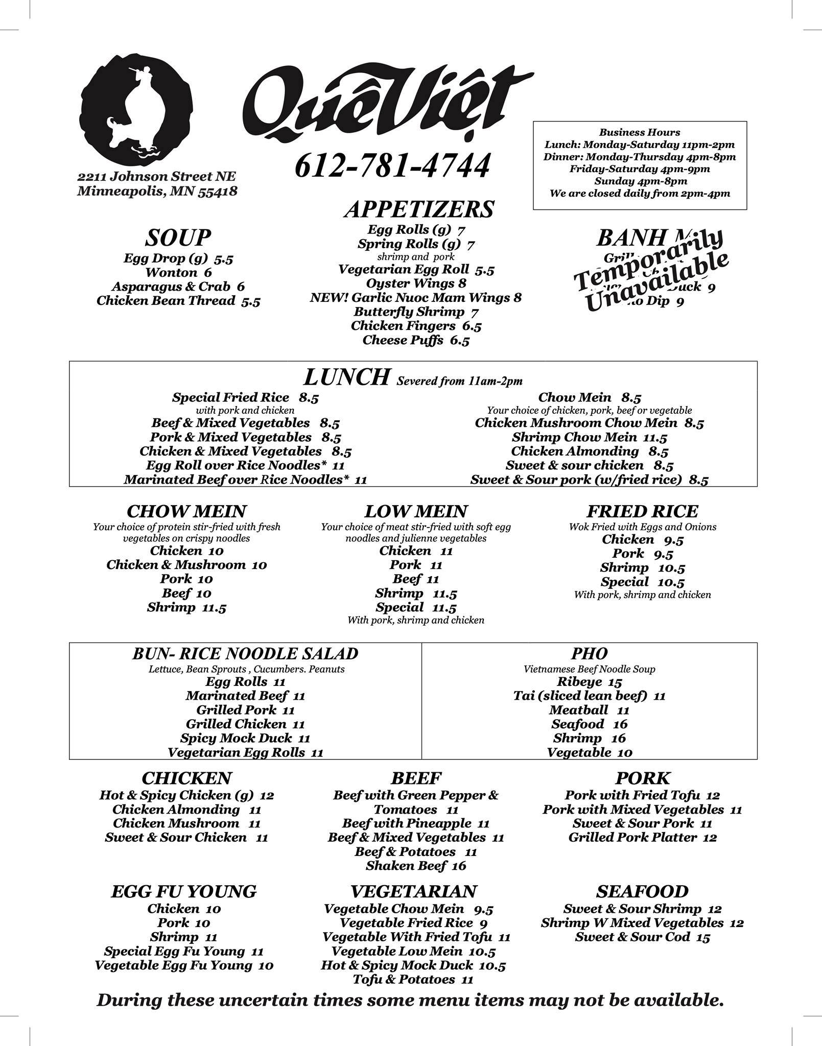Menu at Que Viet Village House restaurant, Minneapolis
