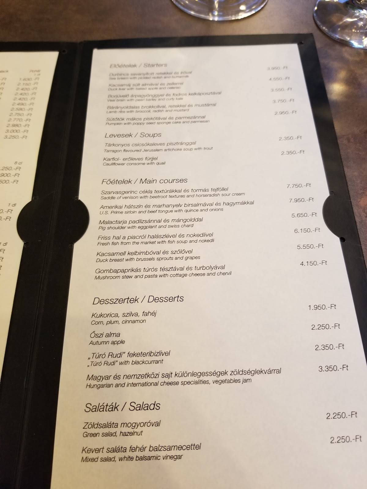 Menu at Borkonyha Winekitchen restaurant, Budapest