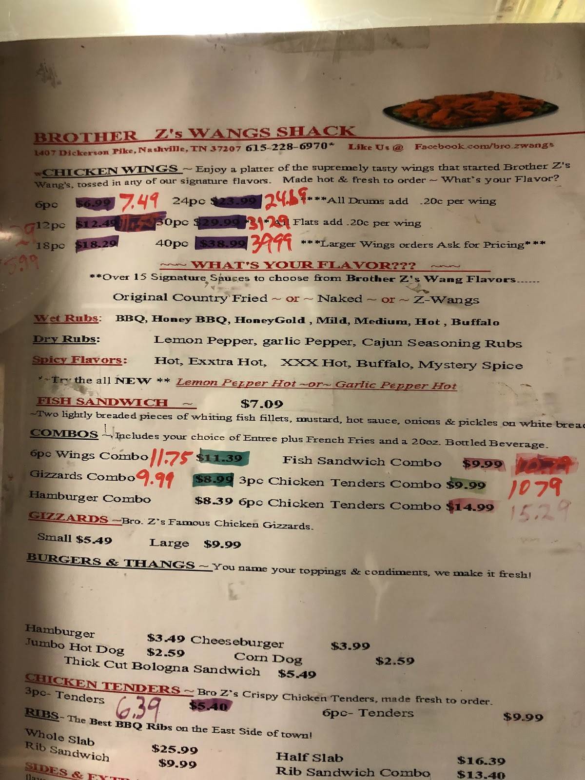 Menu at Brother Z's Wangs restaurant, Nashville