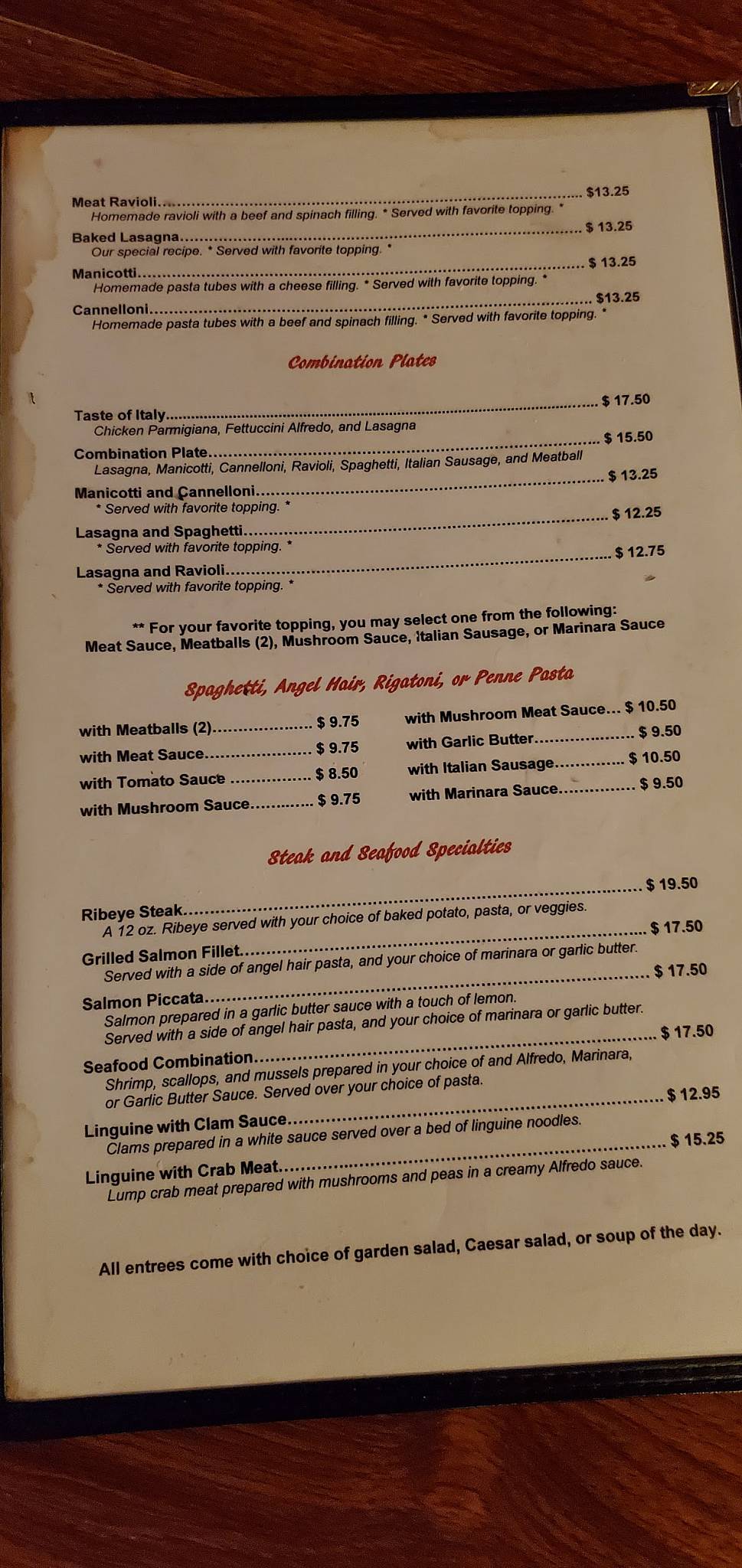 Menu at Cortino's restaurant, Weslaco, Business Hwy 83 E