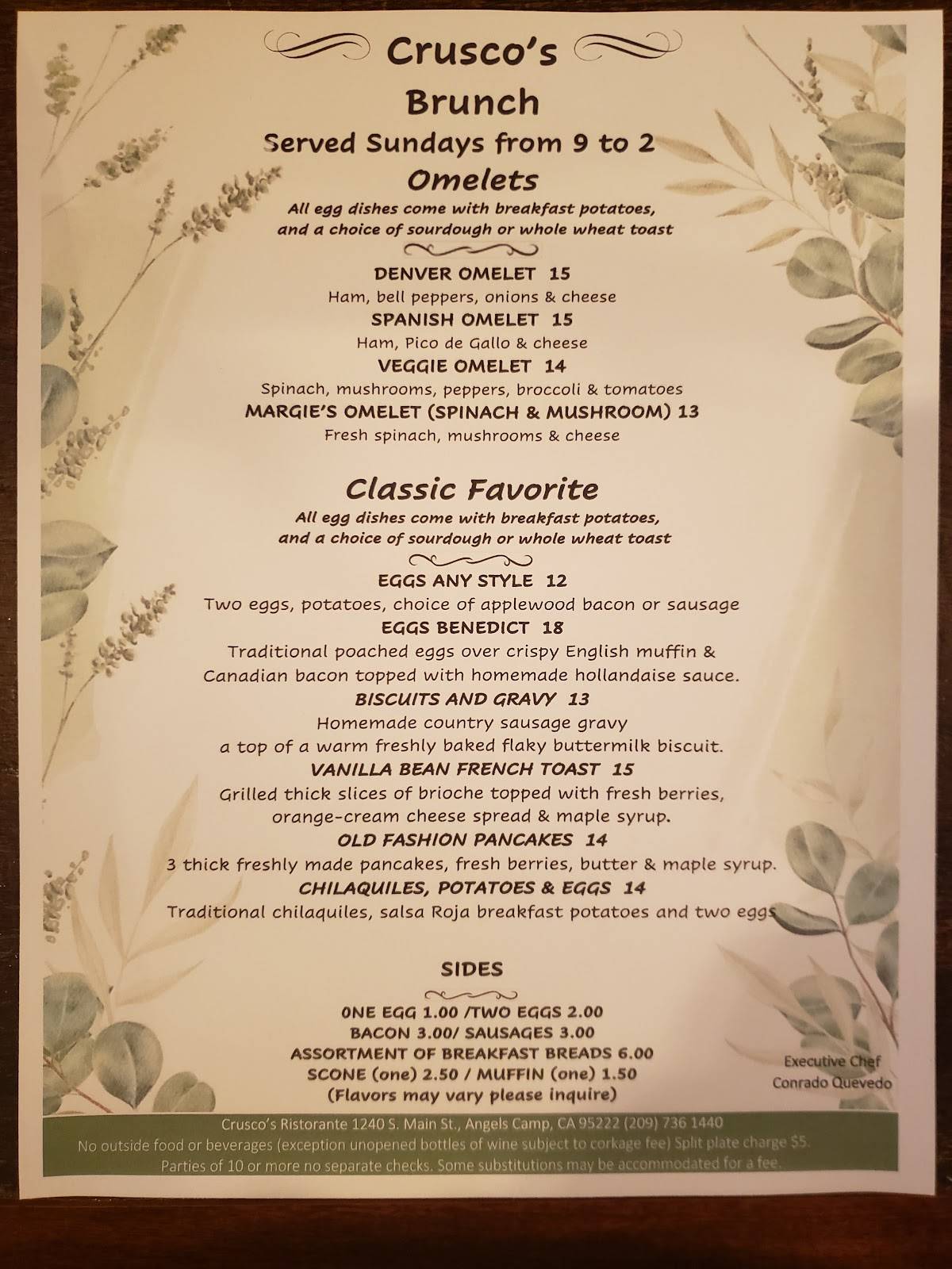 Menu at Crusco's restaurant, Angels Camp