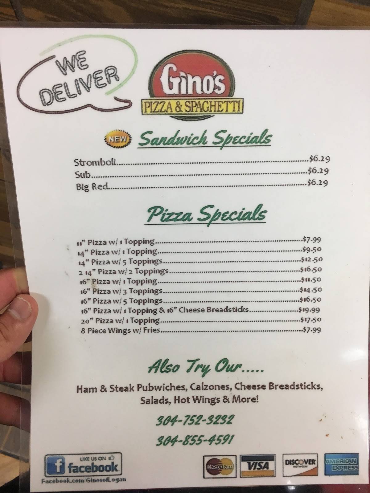 Menu at Gino's Pizza & Spaghetti House restaurant, Chapmanville