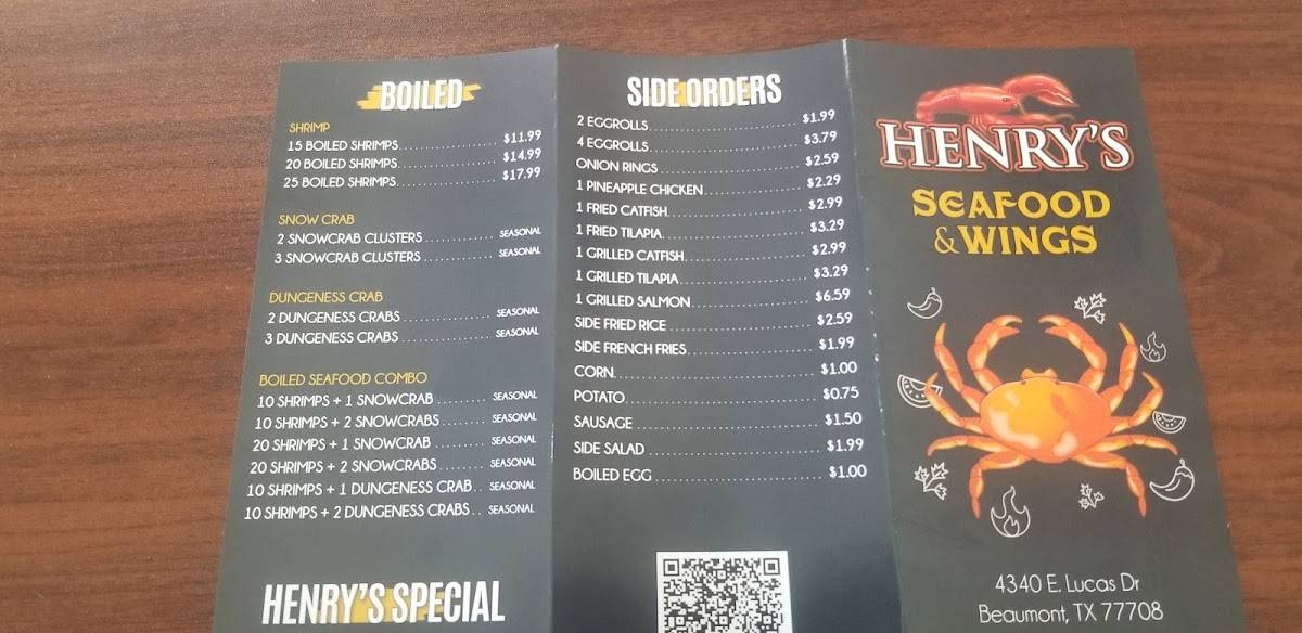 Menu at Henry's Seafood and Wings restaurant, Beaumont