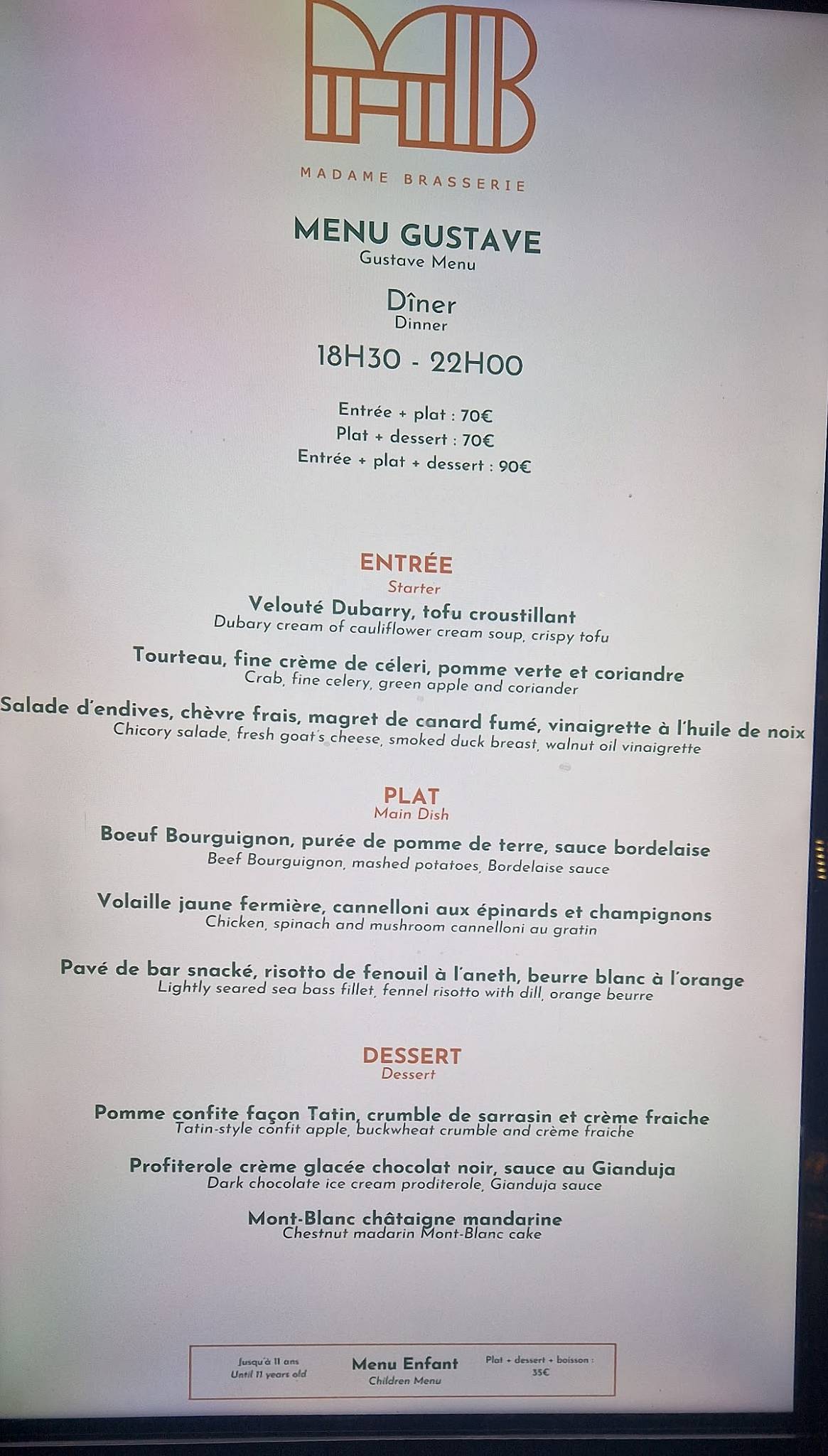 Madame Brasserie - Tour Eiffel menu