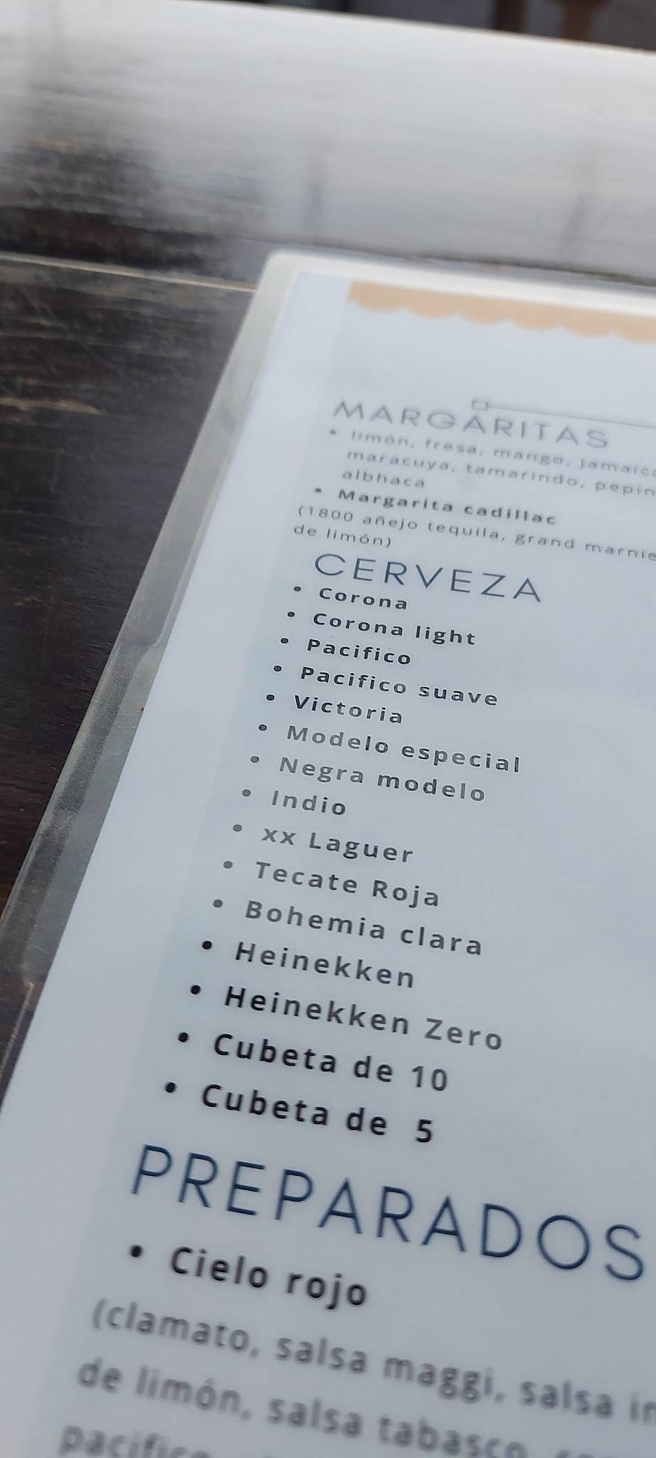 Menu at Mangos Beach Club, Puerto Vallarta