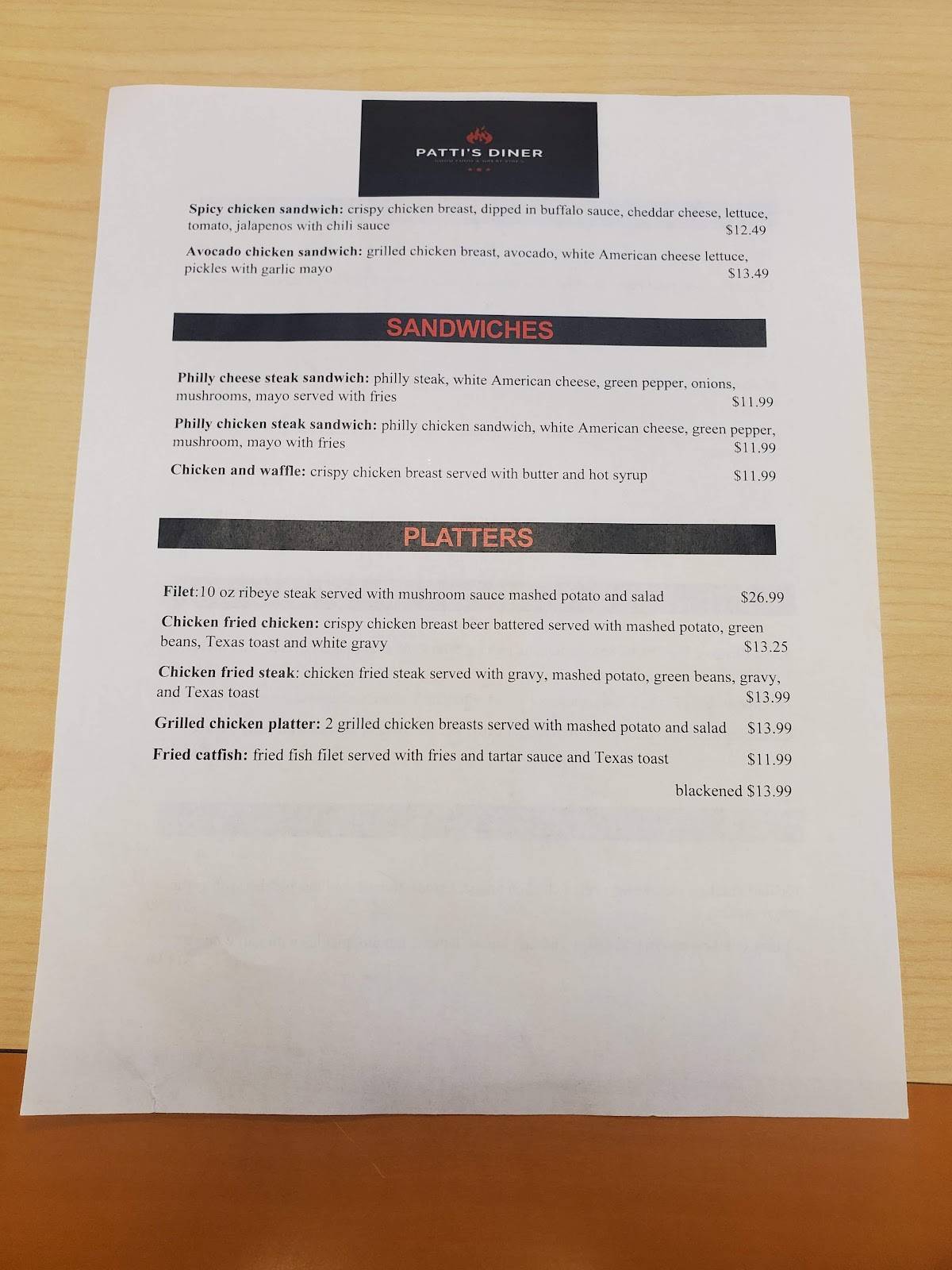 Menu at Patti’s diner restaurant, Pattison