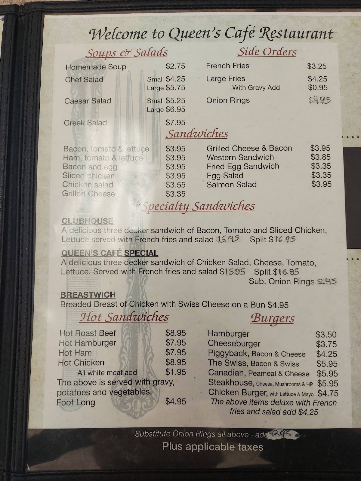 Menu At Queens Café Restaurant Tillsonburg