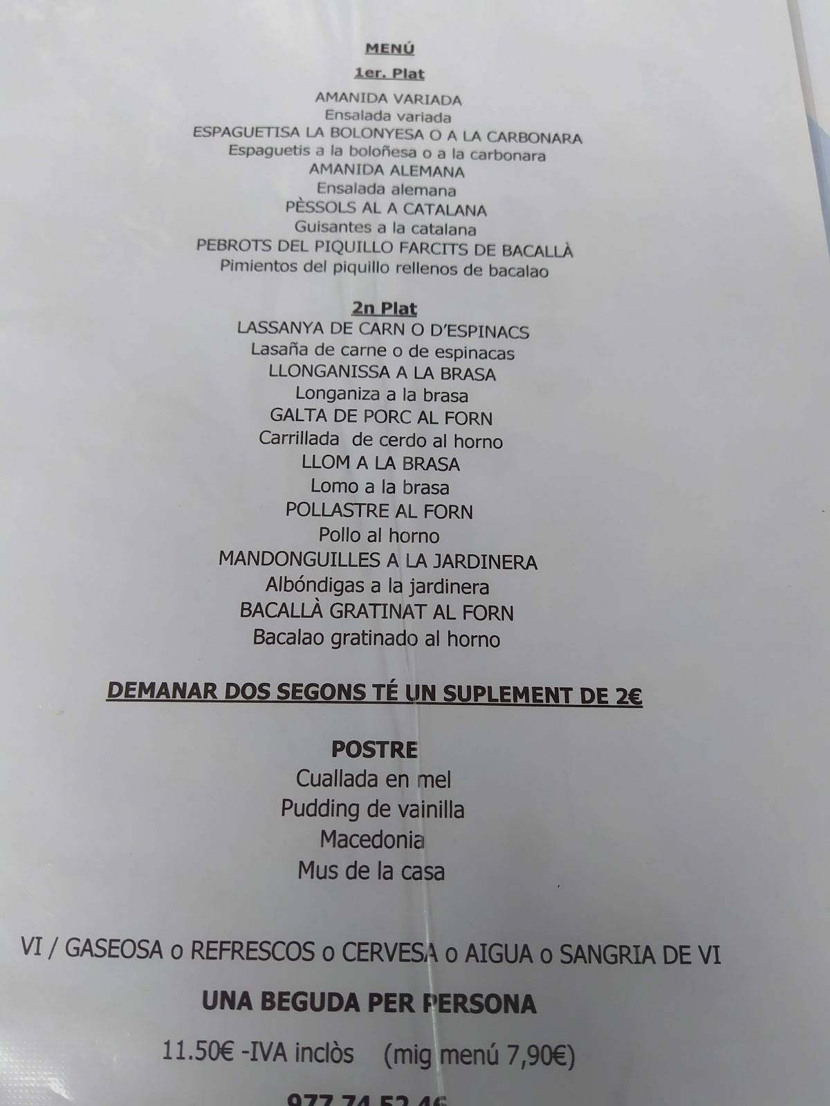 Carta de Restaurant Bonsai, San Carlos de la Rápita