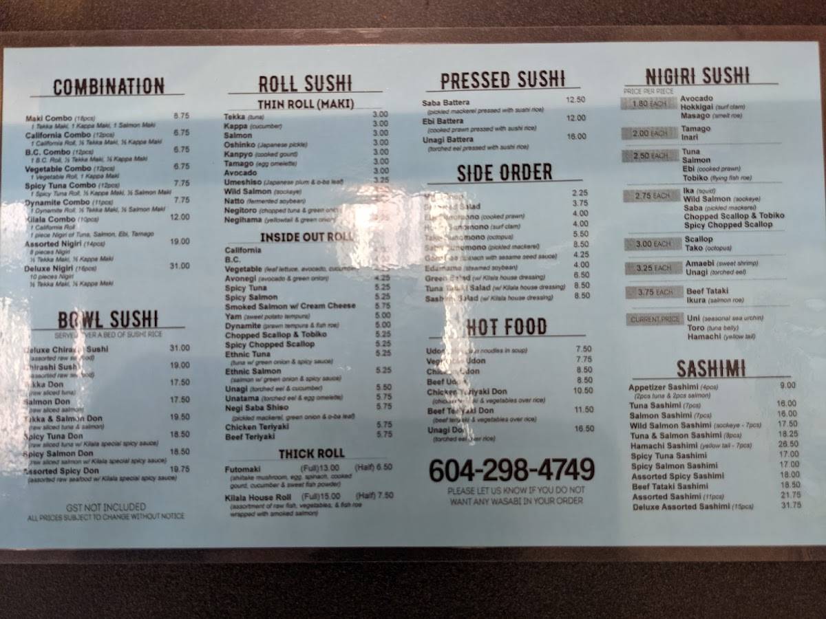 Menu at Sushi Bar Kilala, Burnaby