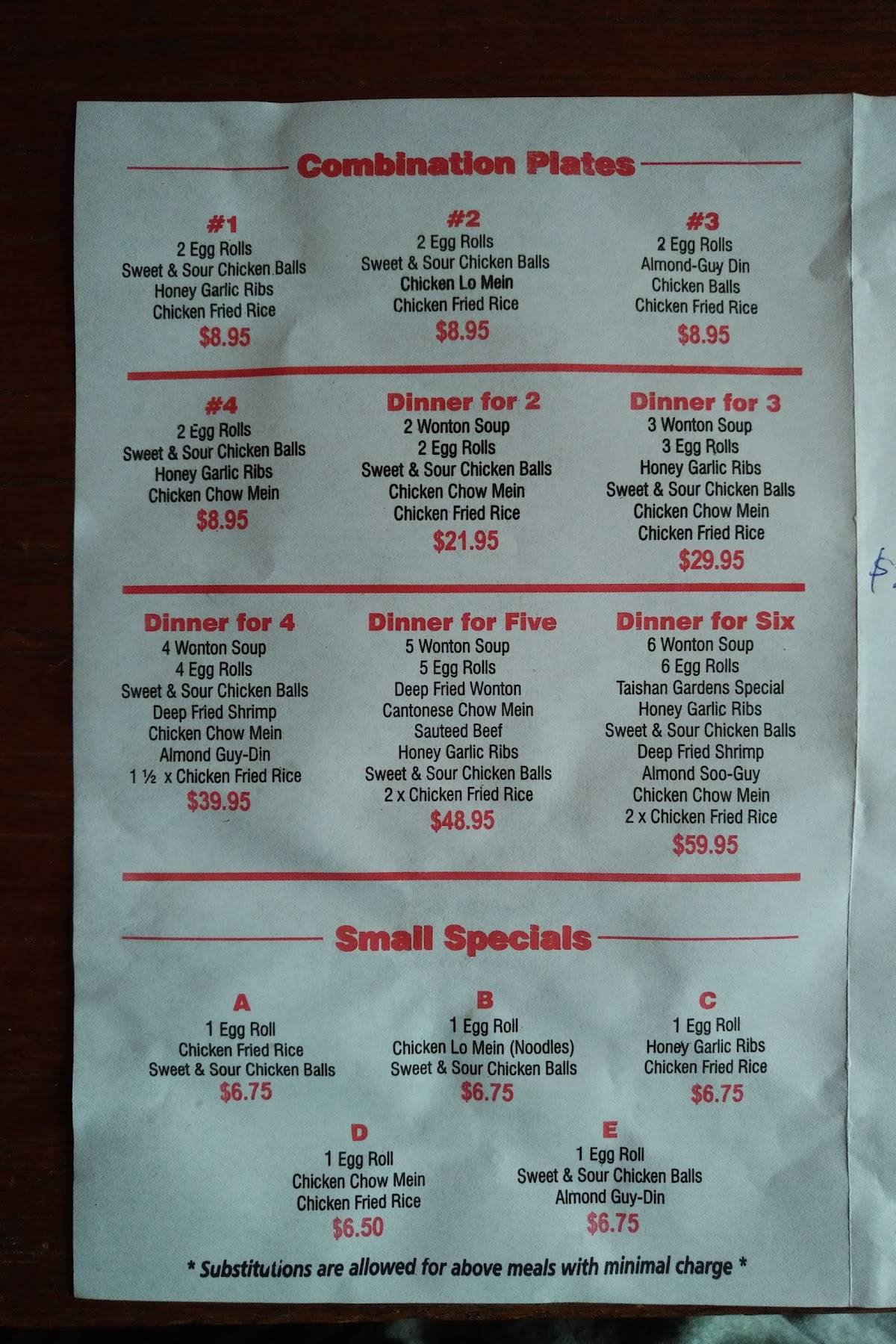 Menu at Taishan Gardens Restaurant, Quinte West