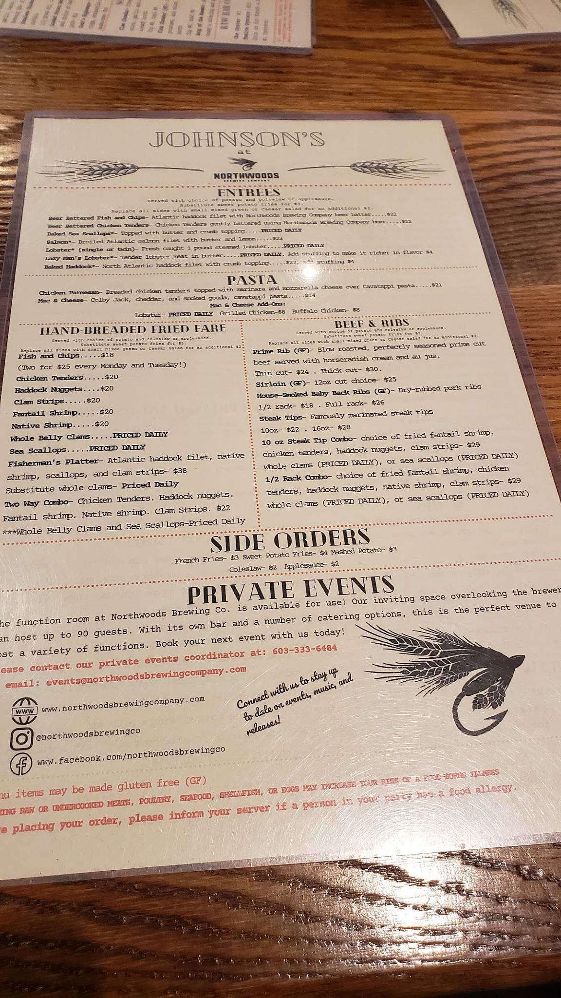 Menu at The Original Johnson's Dairy Bar at Northwoods Brewing Company
