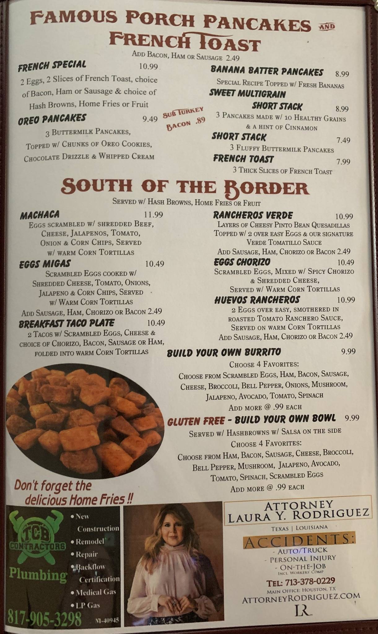 Menu at The Porch restaurant, Burleson, 140 S Wilson St
