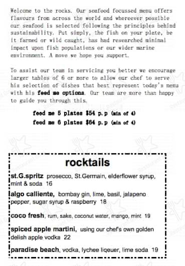 The Rocks Mornington menu
