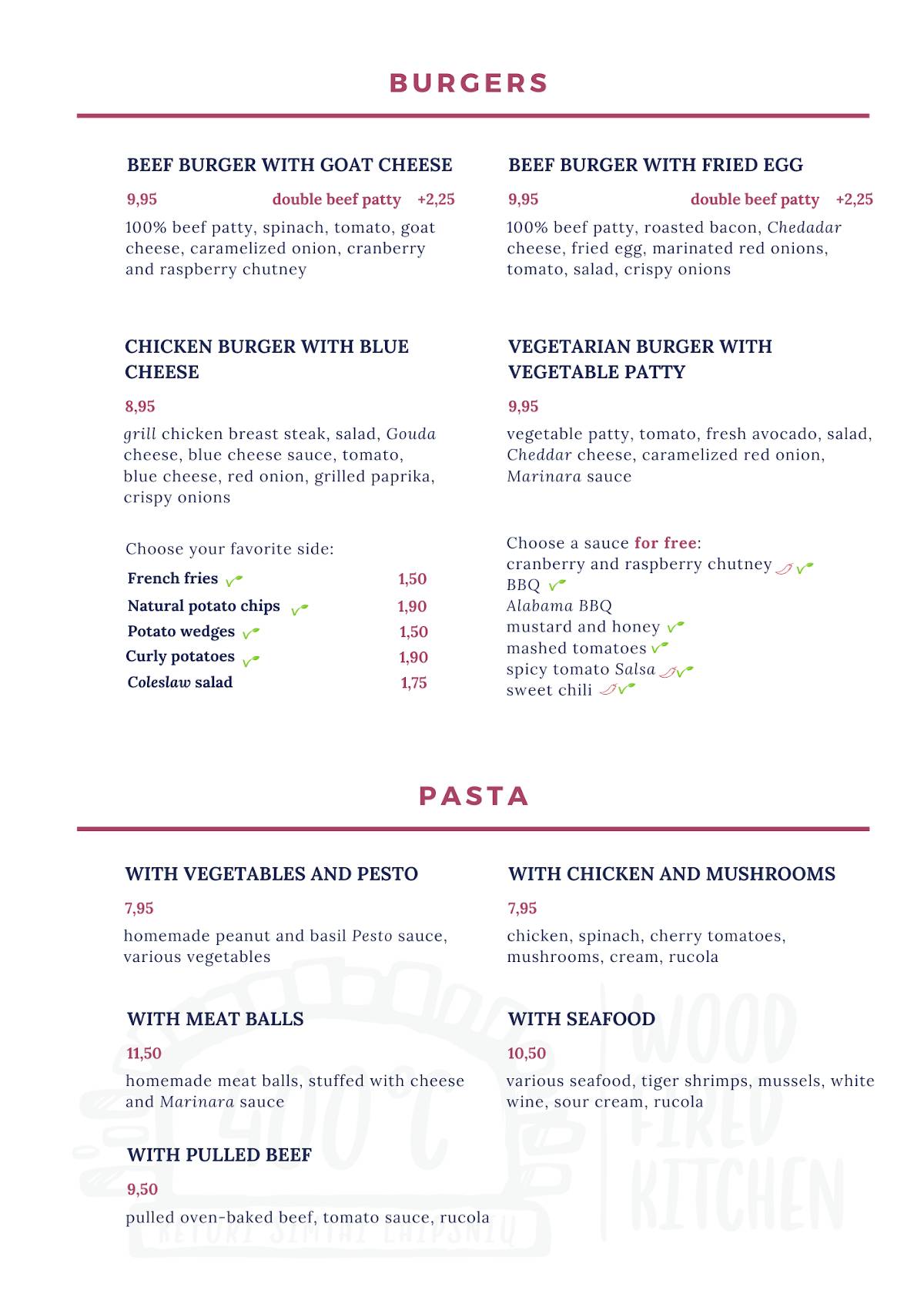 Menu at Wood Fired Kitchen (400 laipsnių) restaurant, Kaunas