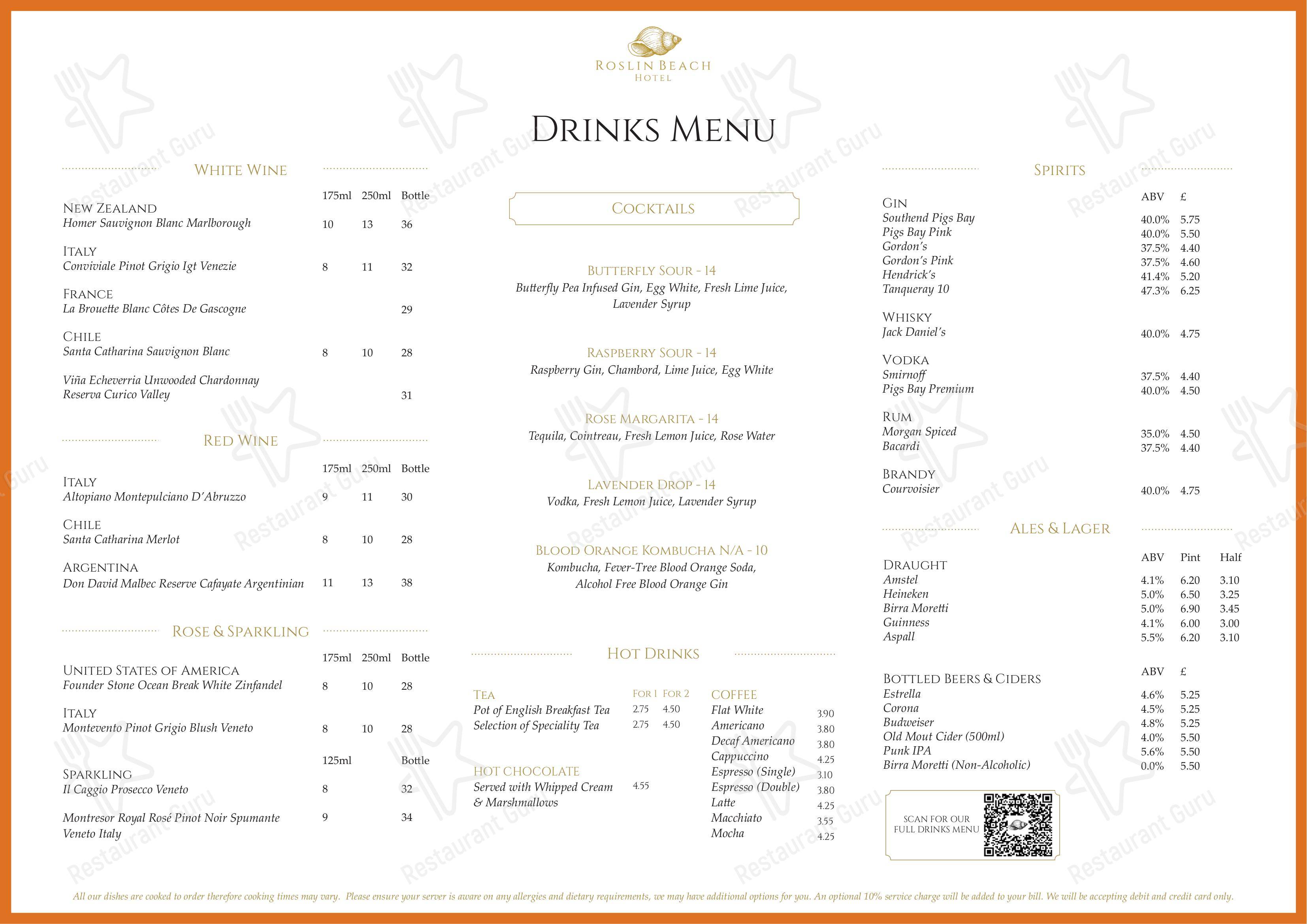 Menu at Roslin Beach Hotel pub & bar, SouthendonSea