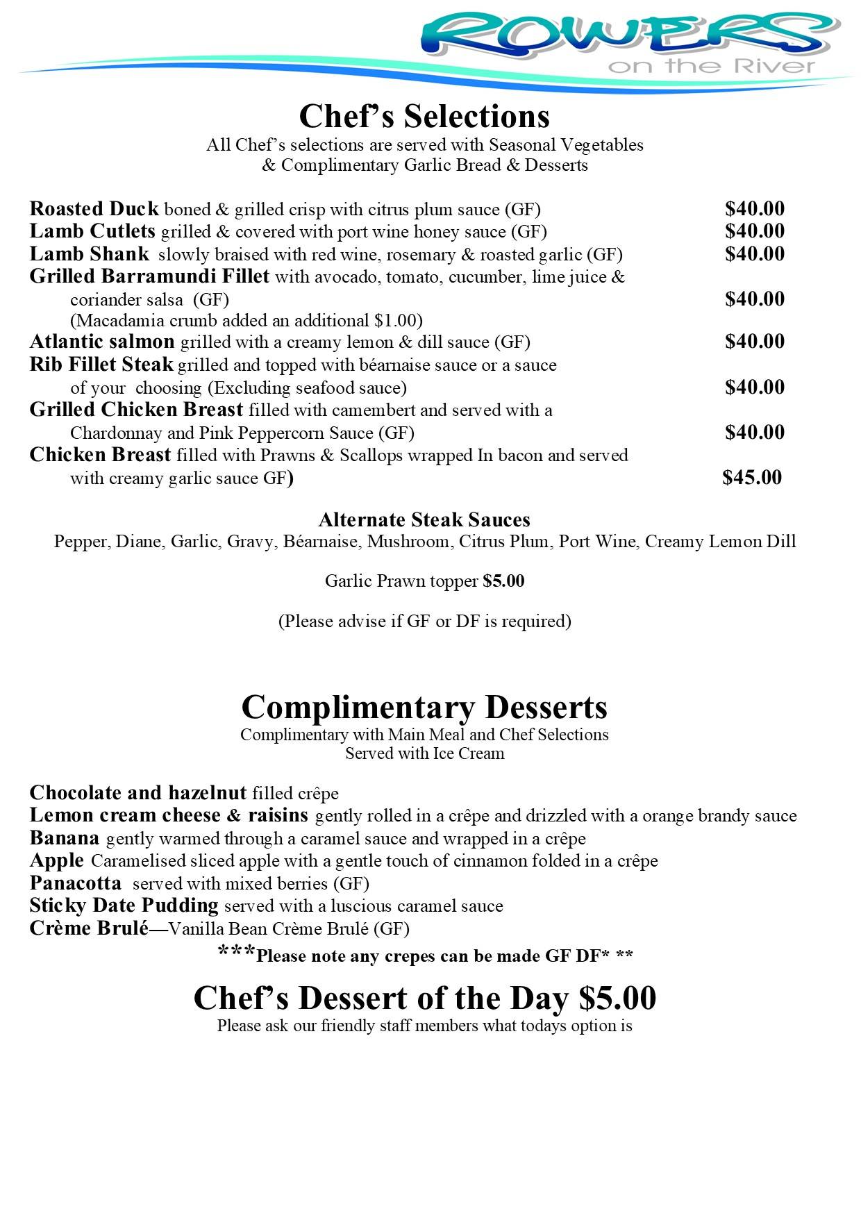 Menu at Rowers on the River restaurant, Bundaberg Central