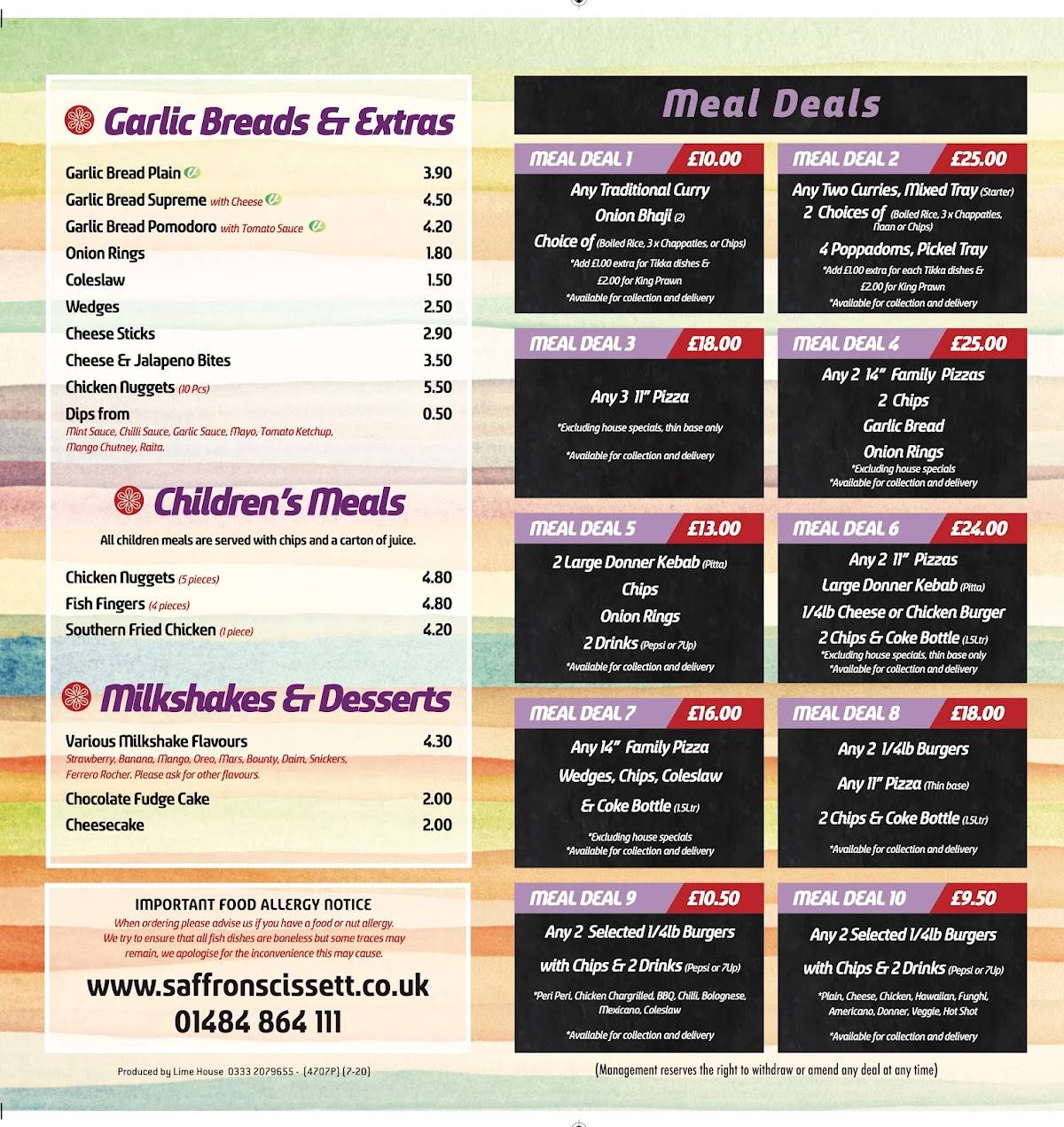 Menu at Saffron restaurant, Denby Dale