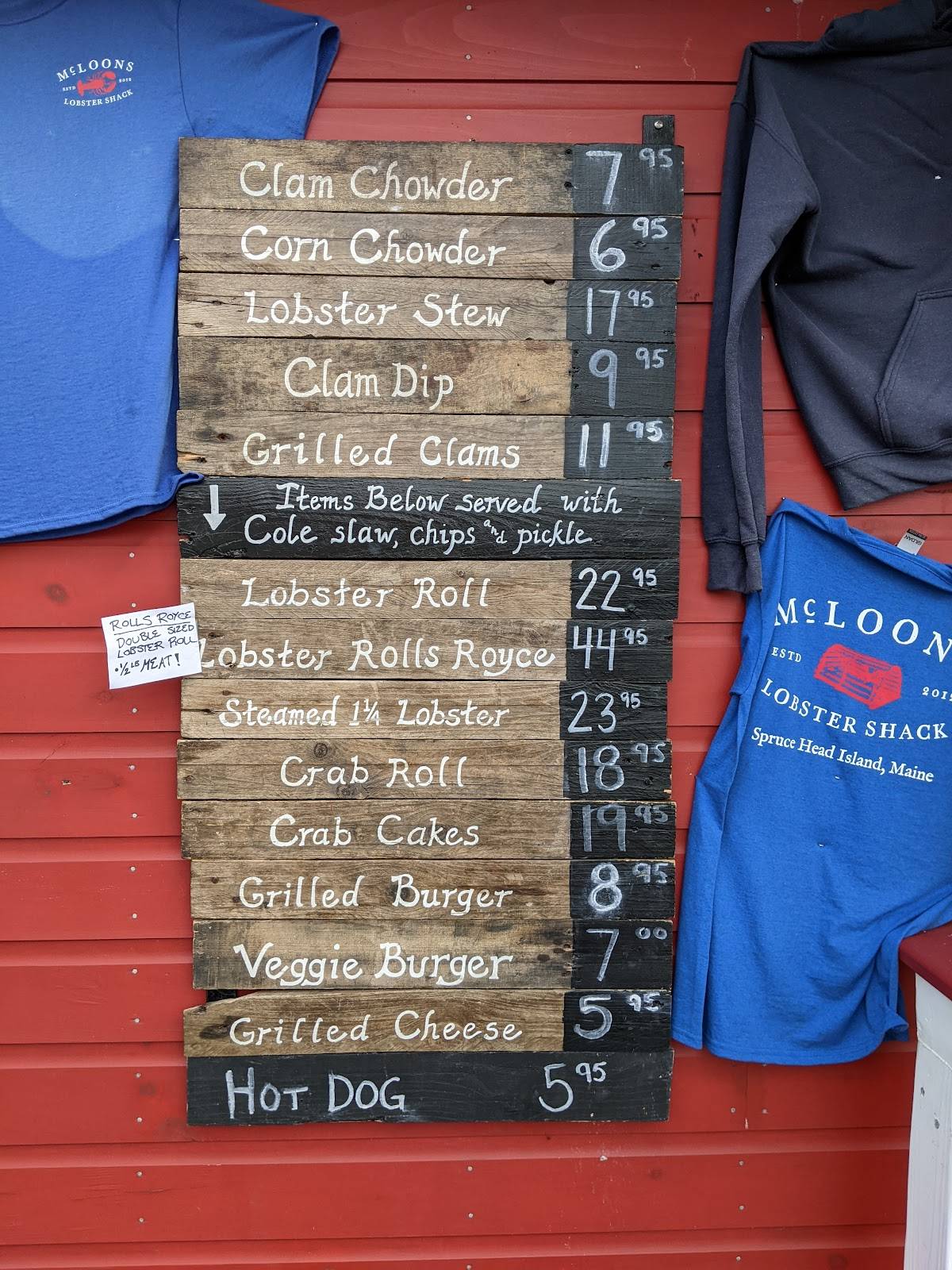 Menu at McLoons Lobster Shack restaurant, South Thomaston