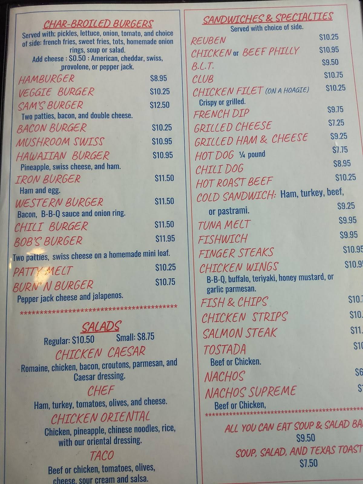 Menu at Sam's Restaurant, Kellogg