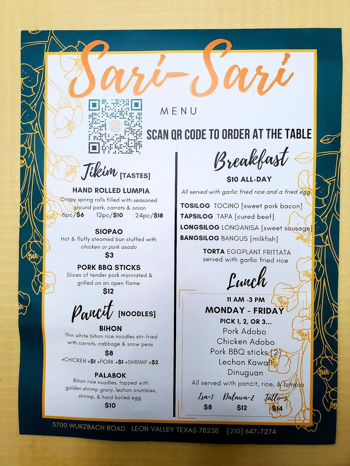 Menu at SariSari Filipino Restaurant, Market, & Bakery, San Antonio