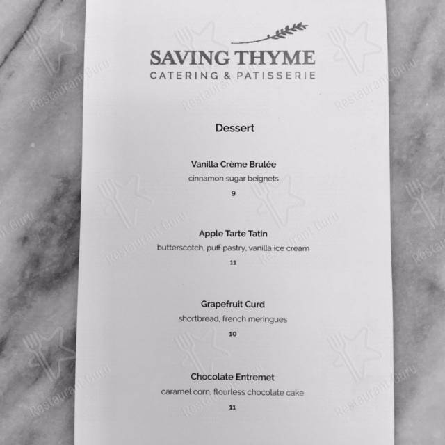 Menu at Saving Thyme Patisserie & Bistro restaurant, Burlington