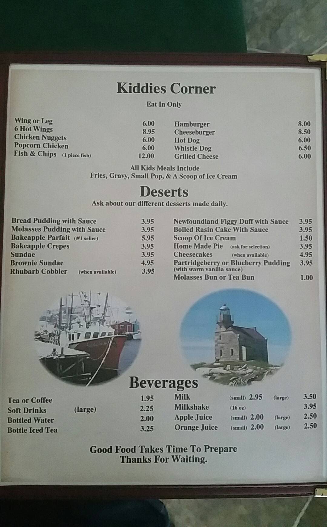 Menu at Seashore Restaurant, Channel-Port aux Basques