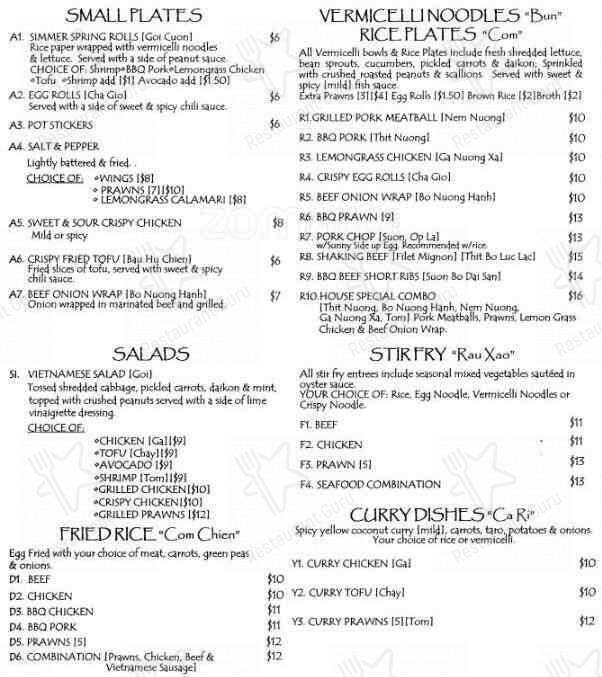 Menu at Simmer Vietnamese Kitchen restaurant, Petaluma